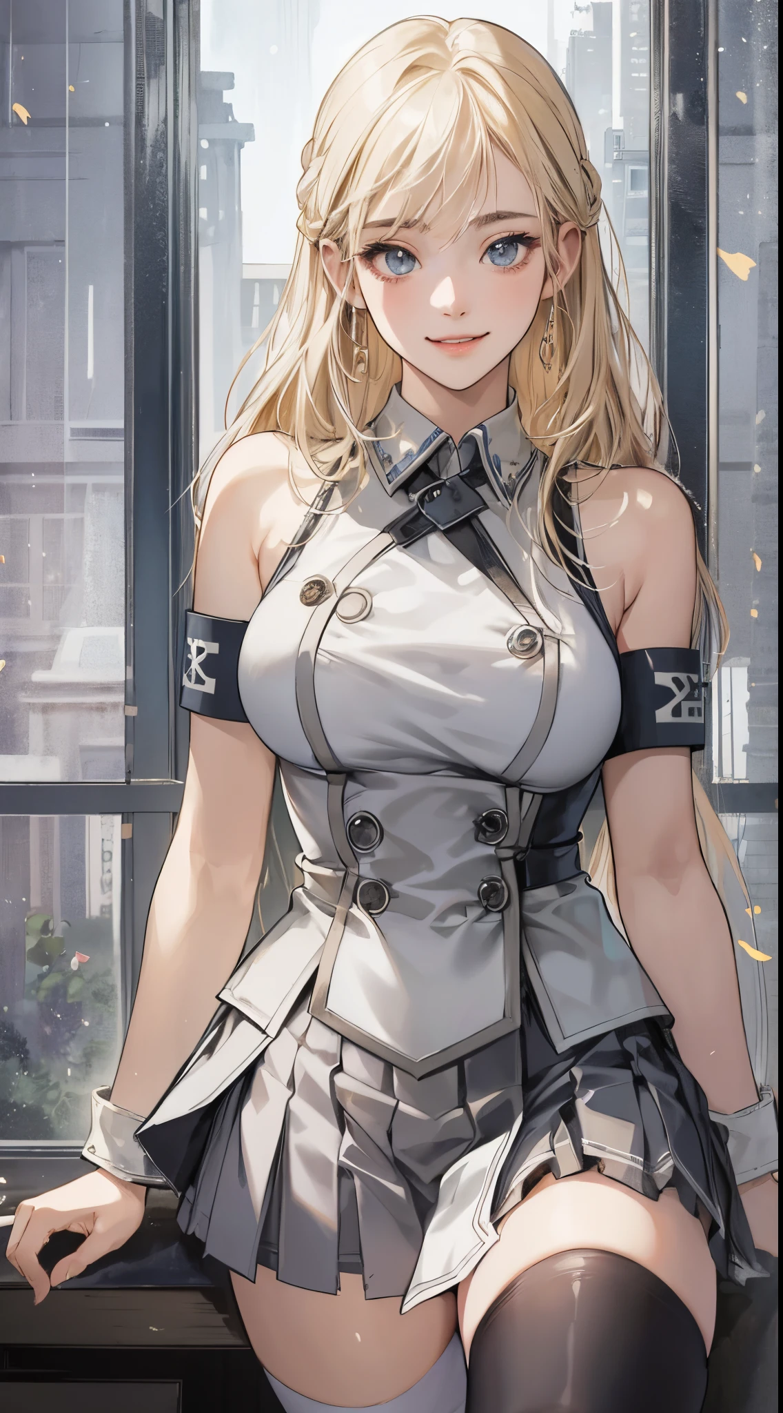top-quality、realistic touch,high-detail、photoRealstic、High class、Long body、captive beauty、big eye、Strong platinum blonde eyelashes、platinum-blonde、full body Esbian、Sparkling eyes、Flushed cheeks、Kamimei、thin-waist、Voluptuous thighs、Enraptured look、Raked bangs、The forehead is protruding、sleeveless、a in uniform、The skirt is very short、No cleavage exposed、Inside a classroom、 armband、Thighhighs、grinning face、Squint and smile、Braiding hair、slender and delicate body、Thin legs with no fat、A young and unsexual body