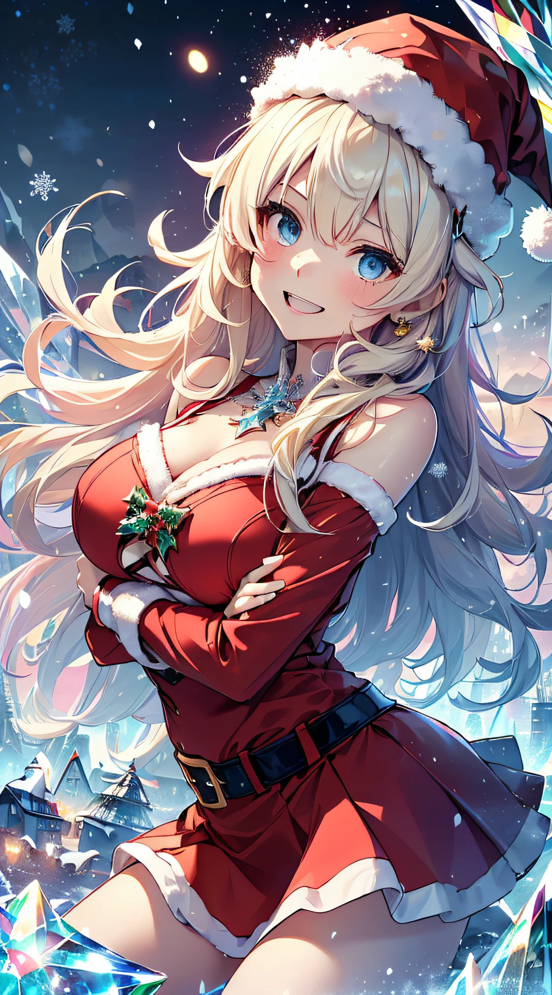 top-quality、Top image quality、​masterpiece、teens girl((Red Santa Costume、santa style short skirt、santa style tank top、sixteen years old、teen ager、Best Bust、big bast,Beautiful light blue eyes、Breasts wide open, a blond、A slender,Large valleys、dye one's cheeks red、Leaning forward、White breath、Reflecting the whole body、Cross your arms、Laugh、)),hiquality、Beautiful Art、Background with((crystal city at night、snowflakes falling、Heavy snow falls、snowman、ice tower model)))、masutepiece、depth of fields,