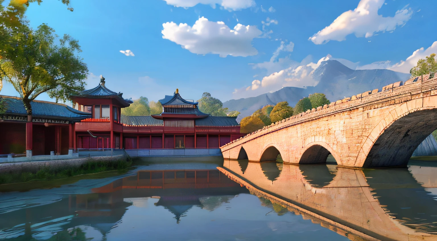 enchanting landscape，ancient buildings of China，Bridge Hole，Reflection in the water，Chinese style，with blue sky and white clouds，grassy fields ，river water，ancient buildings，Anime manga style