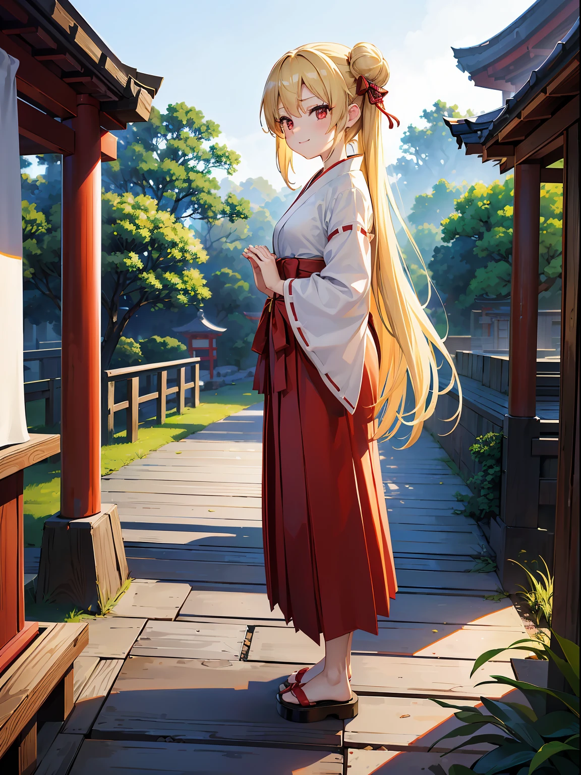 (RAW Photos, Best Quality), (animesque: 1.2), (Sharp facial features), (smaller face: 1), 1人の女性, Beautiful, (High Detail Skin: 1.2), (drooing eyes), (Red eyes), Smile, 鎖骨, cute face, Beautiful eyes, long eyelashes, ((Perfect fingers)), Clean hands, ((Blonde semi-long, Hair bunched back)), ((shrine maiden clothe:1.2, red hakama, Chihaya, )), ((Scenery of the shrine)), Clear air, Soft lighting, High quality, Professional Lighting, Photon mapping, Physically Based Rendering, Perfect limbs, Perfect Anatomy, tre anatomically correct,