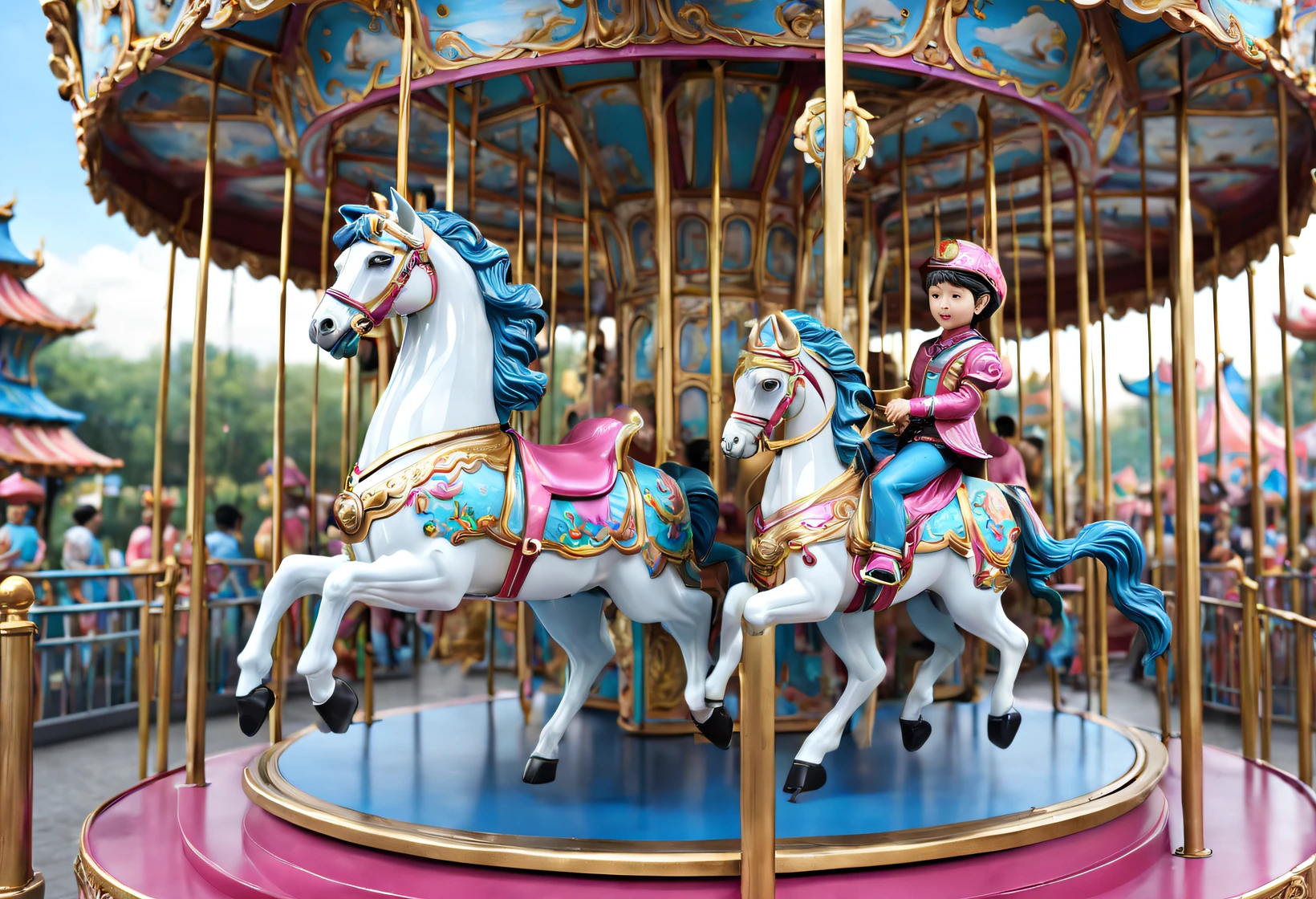 (Beautiful children ride carousel in Chinese Cloisonné theme park），（Cute girls and boys）dreamland dreamland，ultra-realistic realism，Asymmetrical balance ，( magenta ）Carmine＋( blue white colors ）Blue-cyan＋( tin foil gold ）golden colored