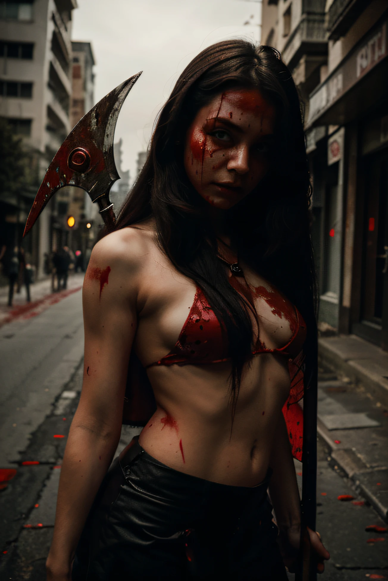 a beautiful girl dressed as death holding a  blood scythe , girl covered with blood, psychotic face, horror, red light coming from one side