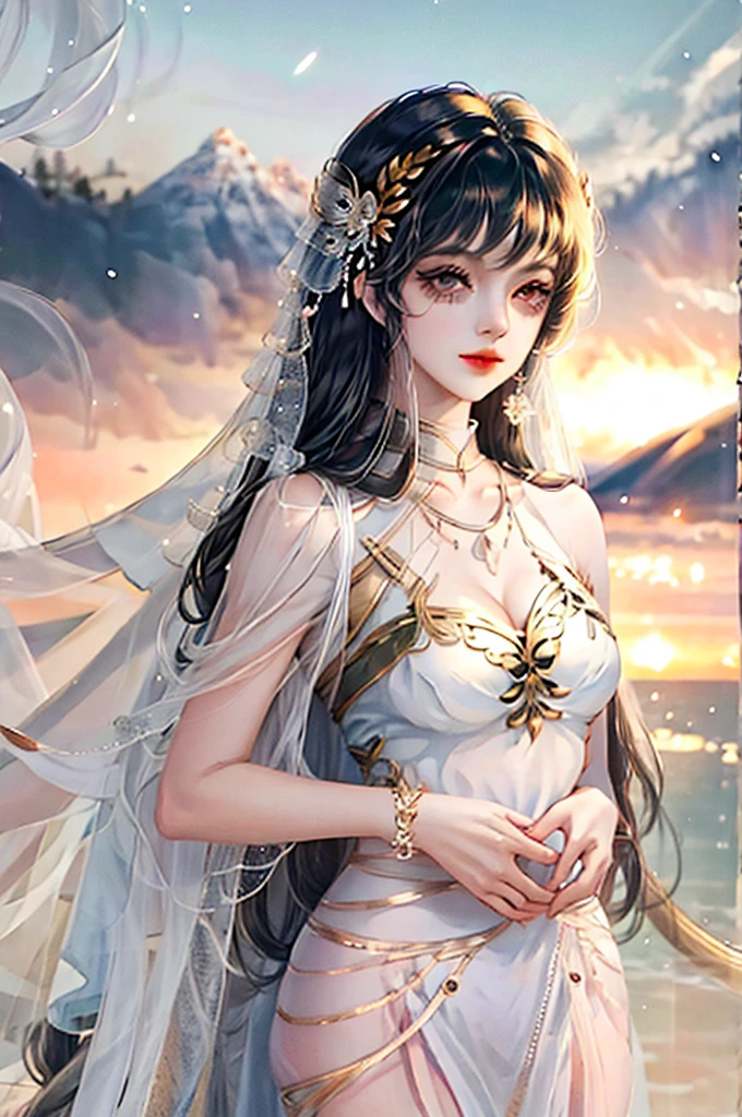 ((Masterpiece, top quality, high resolution)), ((highly detailed CG unified 8K wallpaper)), (huge stunning goddess shot, so hot and sexy, jaw dropping beauty, perfect proportions, beautiful body, slim body beauty:1.3), Desert princess, Arabian Nights scene, fantasy, wearing veil and harem dancer costume, sitting on sand, sunset over desert in background, long dark hair, almond eyes, see-through costume is dominated by wind,