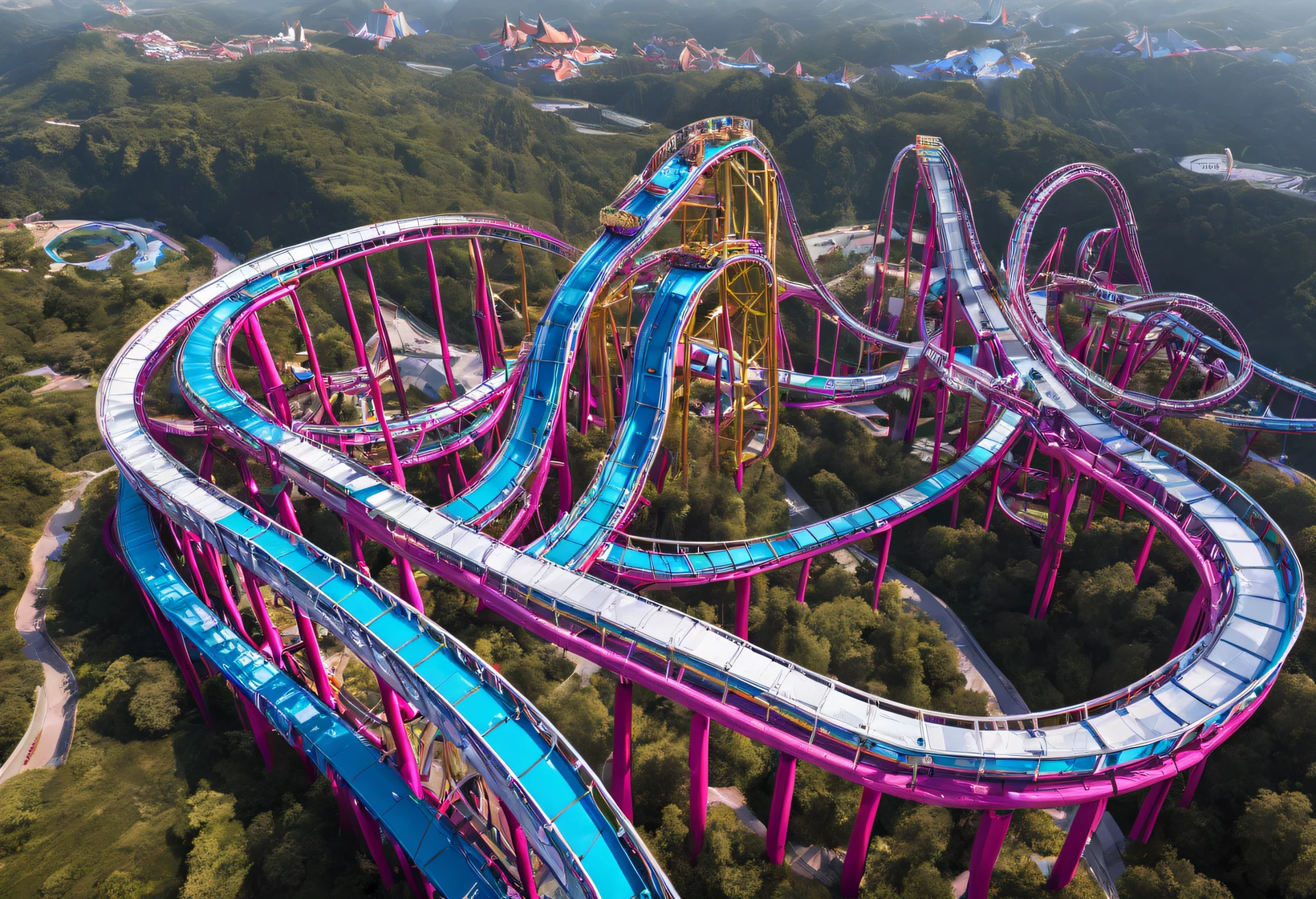 (Aerial photography of roller coasters in China&#39;Cloisonné Theme Park），dreamland dreamland，ultra-realistic realism，Asymmetrical balance ，( magenta ）Carmine＋( blue white colors ）Blue-cyan＋( tin foil gold ）golden colored