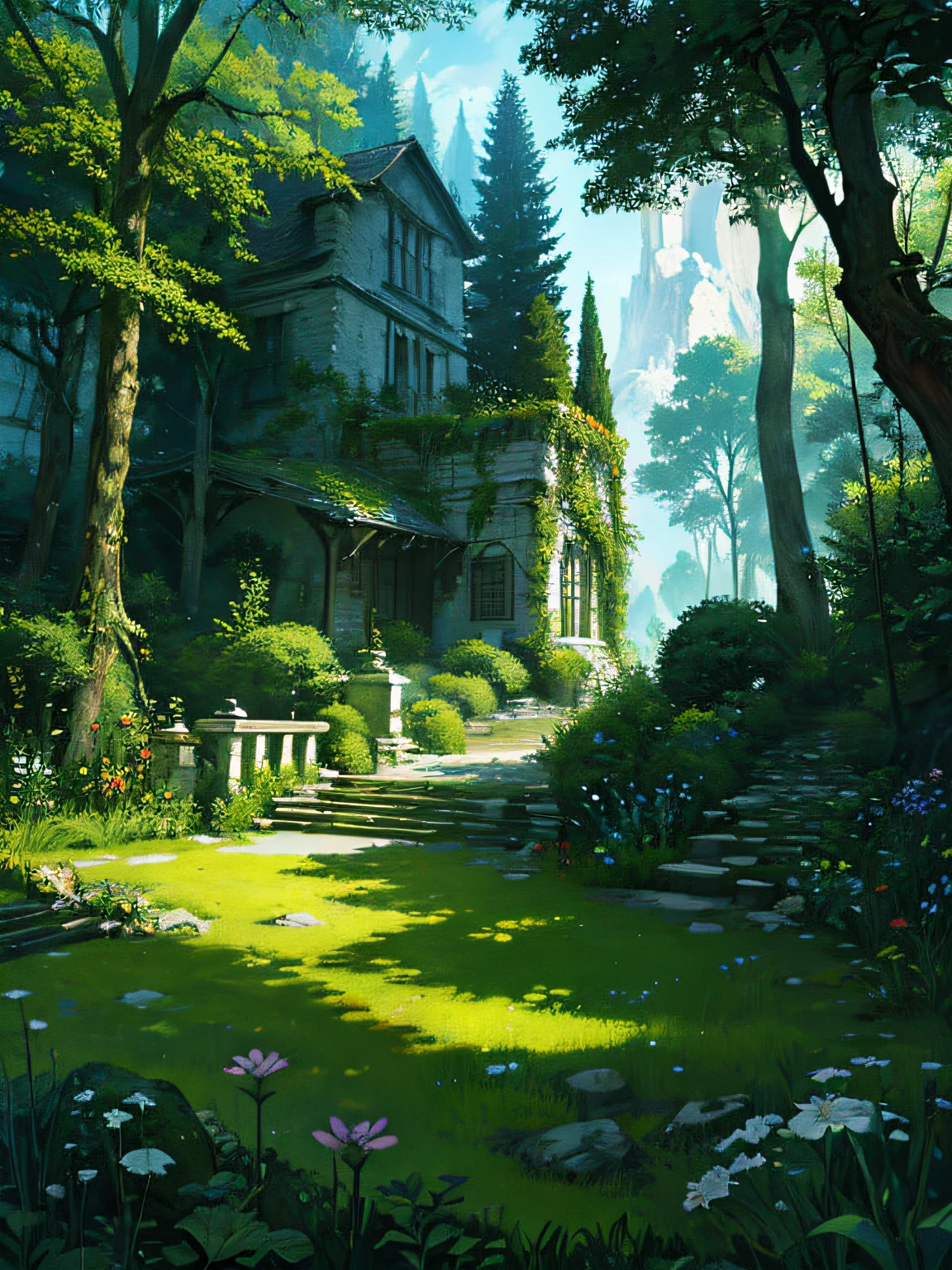 (absurdres, highres, ultra detailed), forest garden, fantasy, flower, ruin with tree and rock, grass, peacefully, intricate details, concept art, digital painting, contrast,