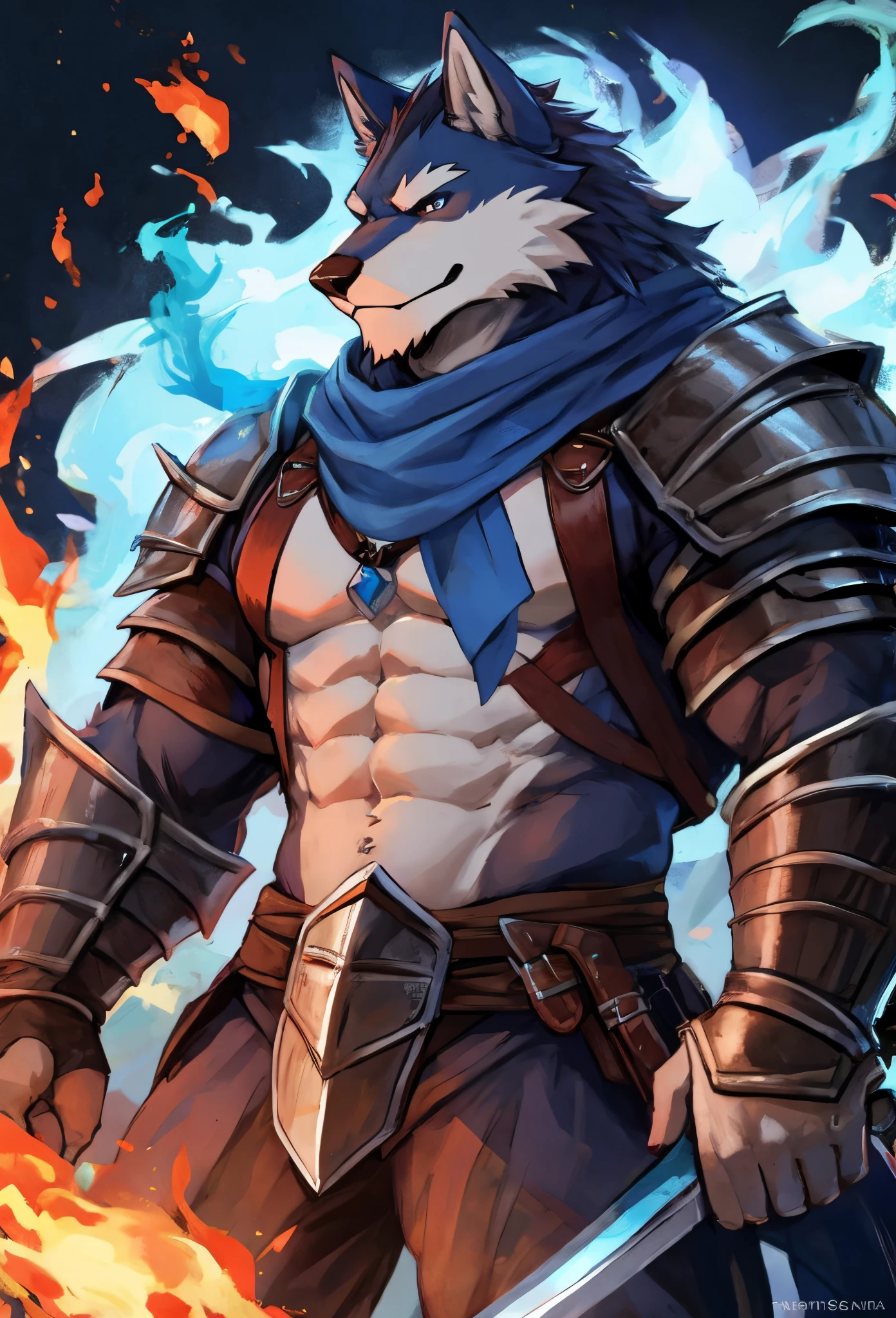 A muscular and handsome big wolf—like a fenrir— black knight with a long sword and a burning blue scarf around his neck. His eyes are crimson and his eyebrows are buring blue-fire.