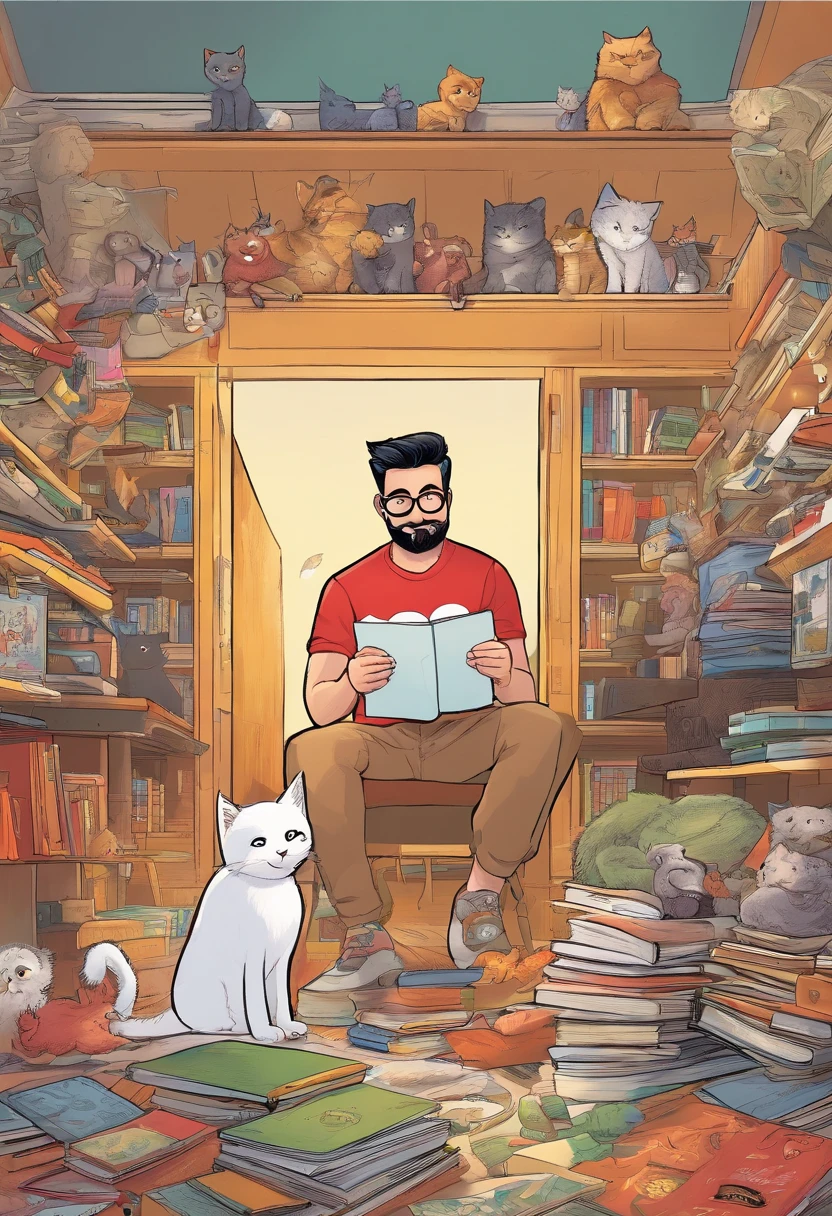 3D illustration reminiscent of 'Downey' on Pixar movie posters, mature man wearing round glasses, medium military haircut, and a very short, Short black beard. He is wearing a red t-shirt with white stars on it, denim pant, and all-star sneakers, sitting down on the floor,Smiling and reading comic book, Surrounded by more comics. There is a bookshelf in the background,There are four natural looking cats on it: a fluffy white, A thin yellow one, A furry black and white, and a tabby cat. The movie title "Comic World" stands out, Movie details are as follows.