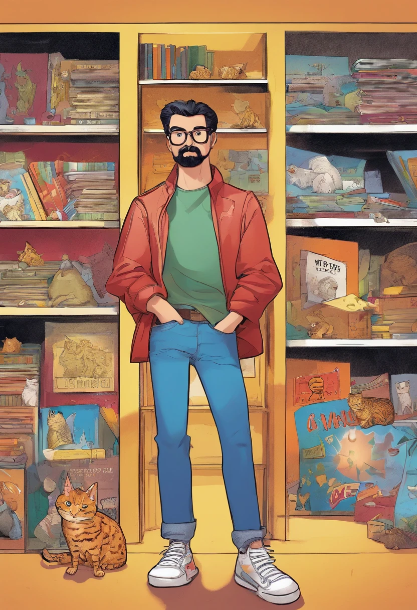 3D illustration reminiscent of &#39;Downey&#39; on Pixar movie posters, mature man wearing round glasses, medium military haircut, and a very short, Short black beard. He is wearing a red t-shirt with white stars on it, denim pant, and all-star sneakers, sitting down on the floor，Smiling and reading comic book, Surrounded by more comics. There is a bookshelf in the background，There are four natural looking cats on it: a fluffy white, A thin yellow one, A furry black and white, and a tabby cat. The movie title &quot;Comic World&quot; stands out, Movie details are as follows.
