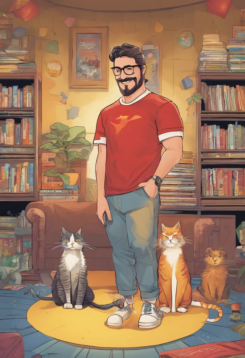 3D illustration reminiscent of 'Downey' on Pixar movie posters, mature man wearing round glasses, medium military haircut, and a very short, Short black beard. He is wearing a red t-shirt with white stars on it, denim pant, and all-star sneakers, sitting down on the floor,Smiling and reading comic book, Surrounded by more comics. There is a bookshelf in the background,There are four natural looking cats on it: a fluffy white, A thin yellow one, A furry black and white, and a tabby cat. The movie title "Comic World" stands out, Movie details are as follows.