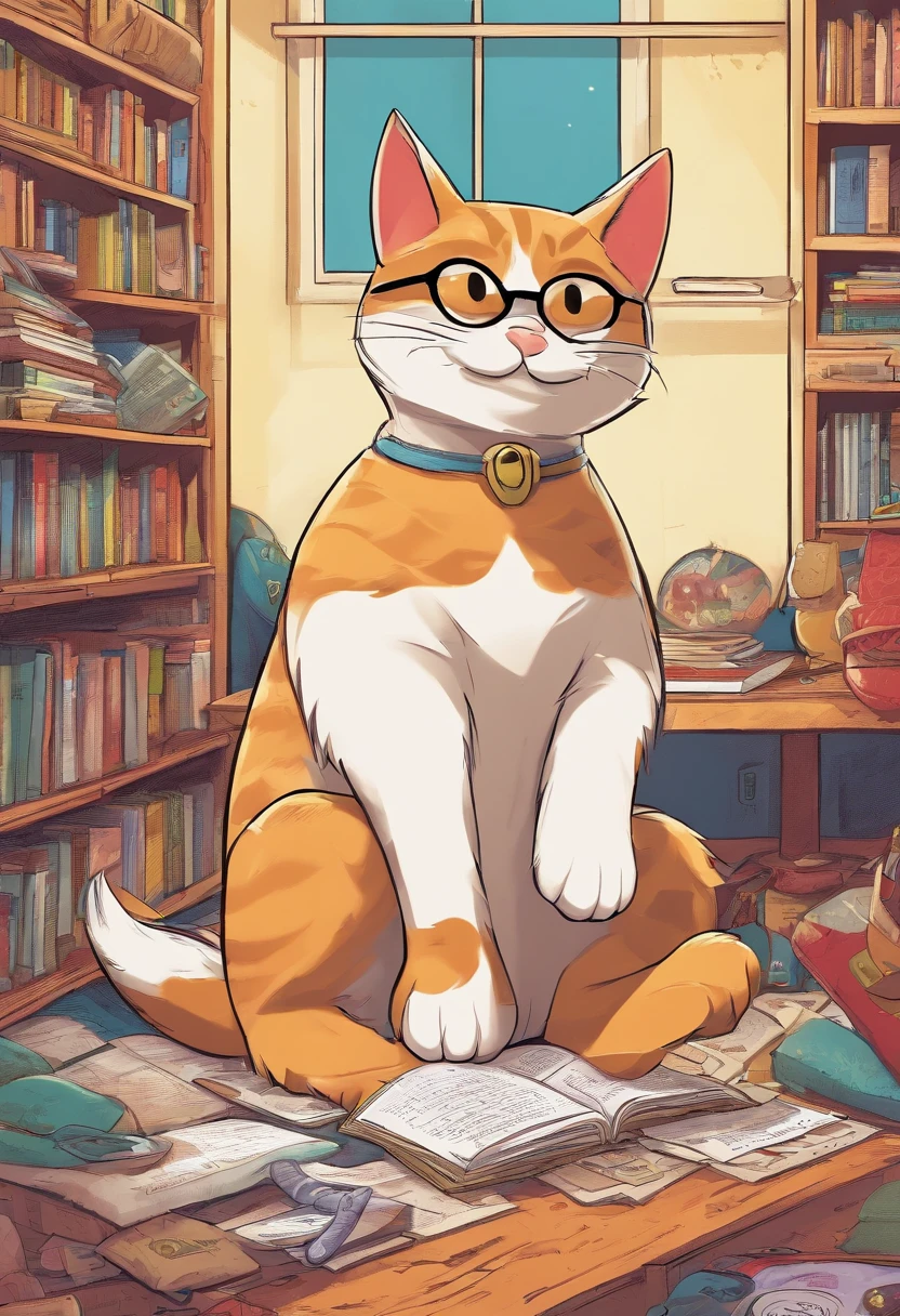 3D illustration reminiscent of &#39;Downey&#39; on Pixar movie posters, mature man wearing round glasses, medium military haircut, and a very short, Short black beard. He is wearing a red t-shirt with white stars on it, denim pant, and all-star sneakers, sitting down on the floor，Smiling and reading comic book, Surrounded by more comics. There is a bookshelf in the background，There are four natural looking cats on it: a fluffy white, A thin yellow one, A furry black and white, and a tabby cat. The movie title &quot;Comic World&quot; stands out, Movie details are as follows.