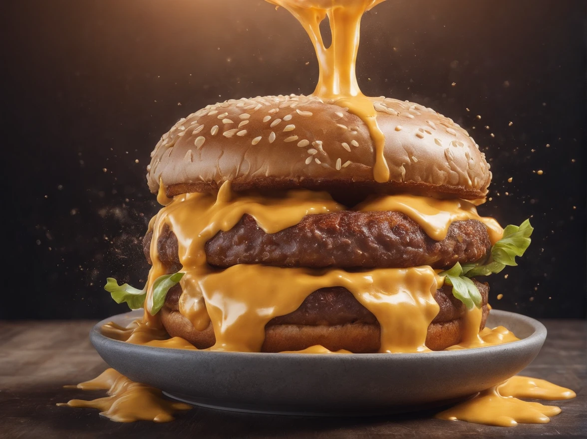 (Cinematic Photo:1.3) of (Realistic:1.3) a studio shot of a (exploding:0.2) (cheeseburger in low gravity:1.1) (Splashing:0.9) a bowl of cheese sauce, splash image, full-color, on a canva, splashes of liquid cheese sauce, hgh, evokes