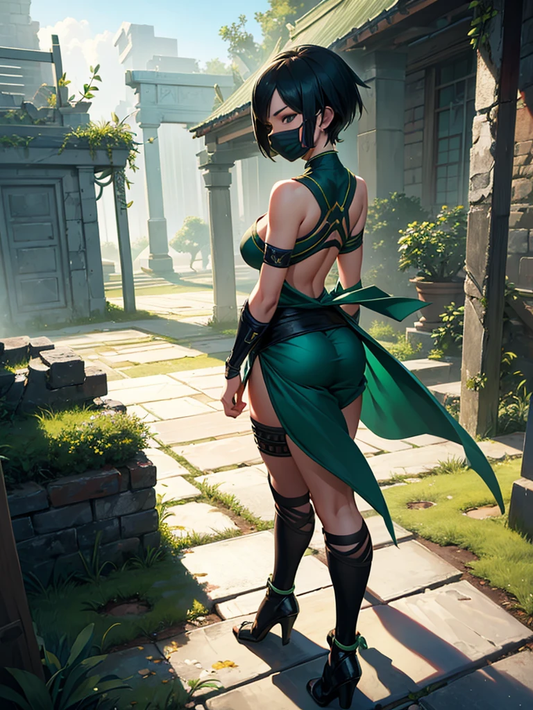 (Full body image+straight body:1.5) Skirt+woman+gigantic breasts+Shinobi. ((She has very short dark blue hair, light green eyes)). ((Wearing black/Shinobi costume, mask covering face in color with red details)). She's inside a macabre temple with a lot of blood on the ground, it's night, it's raining, she's staring at the viewer with eyes of fury; she has ninja weapons stuck in her outfit, high detail, anime, 16k, UHD, textured skin, super detail, high quality, award-winning