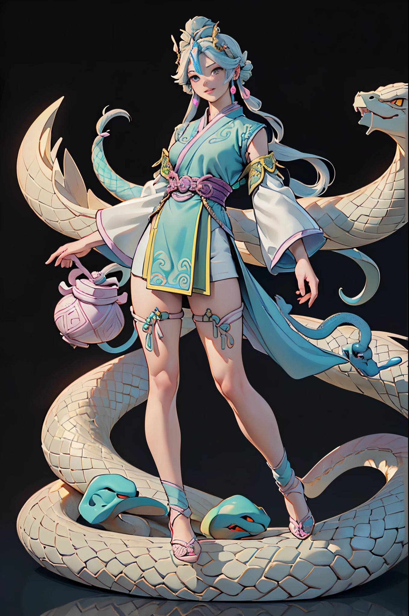 ((Sculpture design))，(人物)，(undying），(Create a logo based on)，femele(Nu wa)，(goddess with human body and snake tail：1.5)，（Chinese mythology），This is a great image of the goddess that has been handed down from the matriarchal clan period of primitive society。(Gentle and beautiful)，(dunhuang)，System Vision，semi transparent，Computer graphic arts，((Professional Quality， 32K， Perfect photography))， ((Highest resolution， ray traycing))， ((perfect volumetric lighting， hight quality octane render， High quality vectors))， ((Complicated details，Hyper-detailing:1.2))， SAW movie scenes，((Ultra photo realsisim，Realistic，3D，3Drenderingof))，epic realistic, ((com cores neutras)),(pastel colour:1.2)，((Blind box toy style))，Best quality at best，hyper HD， (Intricate details:1.2)，((simple backgound，deep dark background:1.2，with black background))，（（Add a base）），full bodyesbian，graceful stance，详细的脸, 詳細な目，（correct hand：1.5），（Complete and beautiful five fingers：1.5），（anatomically correct limbs：1.5），（Correct anatomy：1.5），（right perspective：1.5），