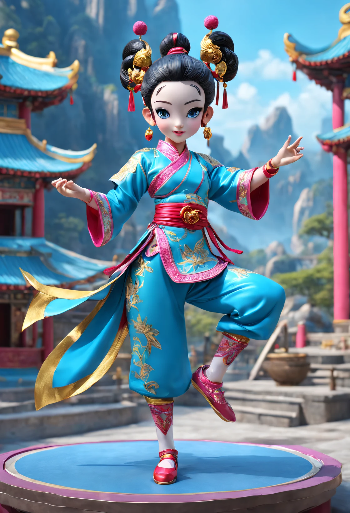 (Cute Nezha practices martial arts on stage at Cloisonne Theme Park),Chinese animated character Nezha,dreamland dreamland,ultra-realistic realism,Asymmetrical balance ,( magenta )Carmine+( blue white colors )Blue-cyan+( tin foil gold )golden colored