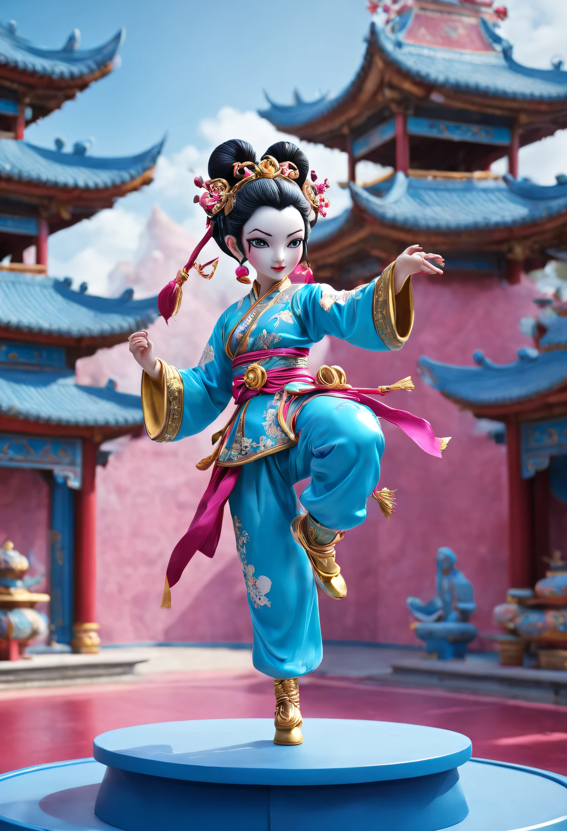 (Cute Nezha practices martial arts on stage at Cloisonne Theme Park），Chinese animated character Nezha，dreamland dreamland，ultra-realistic realism，Asymmetrical balance ，( magenta ）Carmine＋( blue white colors ）Blue-cyan＋( tin foil gold ）golden colored