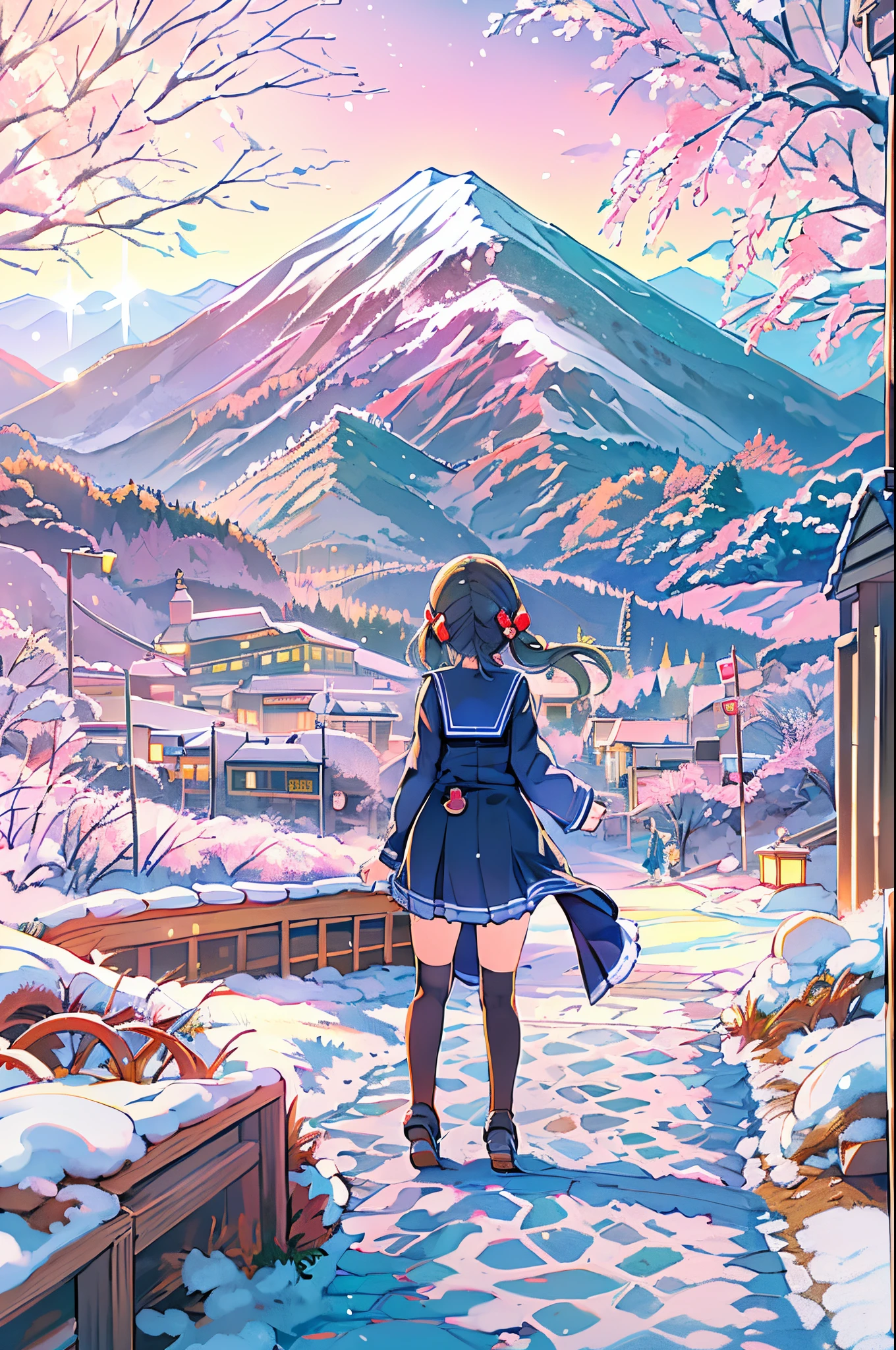 masutepiece、Anime character standing in the snow with mountains in the background, in style of kyoto animation, kyoto animation still, Anime Girls, Kyoto Animation, two beautiful anime girls, a-1 pictures, High School Girls, Happy!!!, kyoto animation key visual, Cute:2, Twin-tailed, anime movie background,