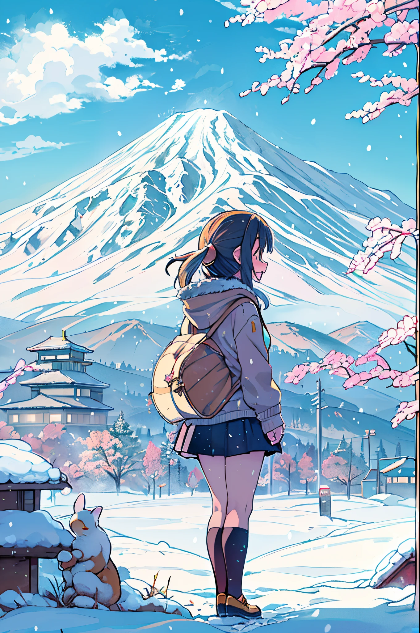 masutepiece、Anime character standing in the snow with mountains in the background, in style of kyoto animation, kyoto animation still, Anime Girls, Kyoto Animation, two beautiful anime girls, a-1 pictures, High School Girls, Happy!!!, kyoto animation key visual, Cute:2, Twin-tailed, anime movie background,