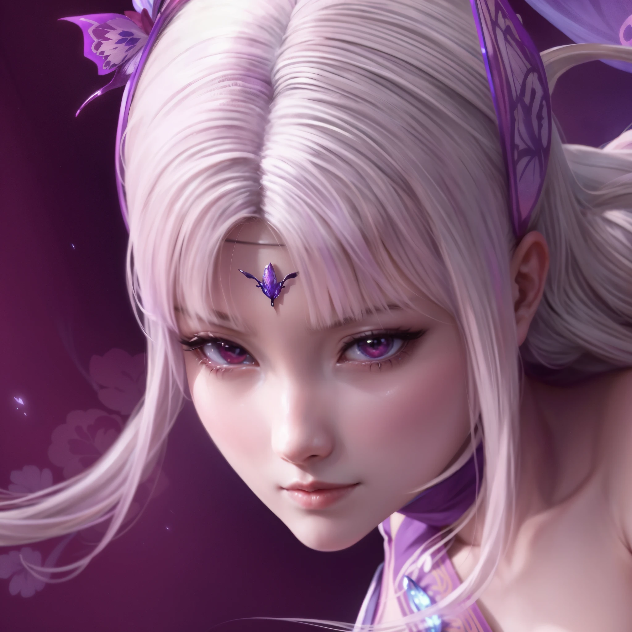 One is wearing a purple skirt、Close-up of a woman wearing a butterfly on her head, yun ling, jingna zhang, 2. 5d CGI anime fantasy artwork, yang qi, G Liulian art style, qifeng lin, Lei Min, heise jinyao, author：Fan Qi, chinese fantasy, xianxia hero, GameCG, beautiful fantasy empress