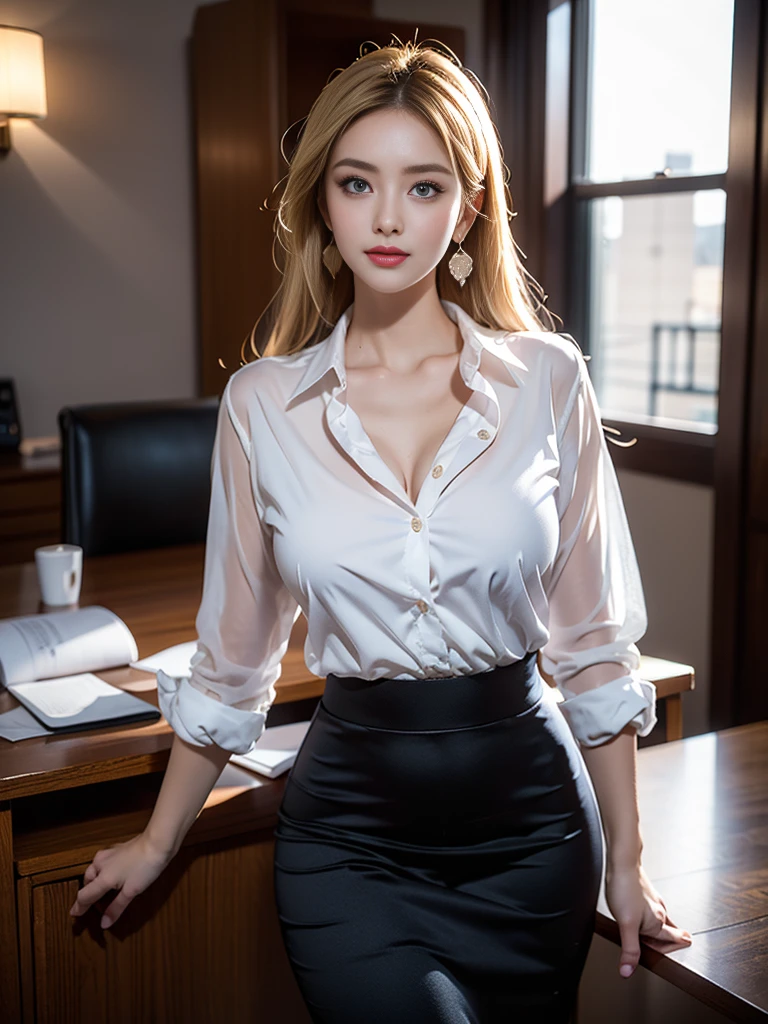 tmasterpiece，Highest image quality，super detailing，Enchanted smile，amazing face and eyes, cosmetics, (extremely detailed beautiful face), (The sexiest look), deep understanding，Bare breasts，(Best quality at best:1.4), (ultra - detailed), (extremely detaild的 CG unified 8k wallpapers), The content is very detailed, RAW photogr, professional photoshooting, ((Open business suit)), (Open Sexy Lace Transparent Business Shirt),Stepped skirt，Indoor and below, (Office room, Dark Office, rays of moonlight), (nigh sky), depth of fields,face flushed，raised eyebrow，Very shy，blond hair blue eyes，Sexy female secretary，looking at viewert，Dreamcatcher earrings，epic，concept-art，Upturned breasts，nice breasts，Beautiful udder，