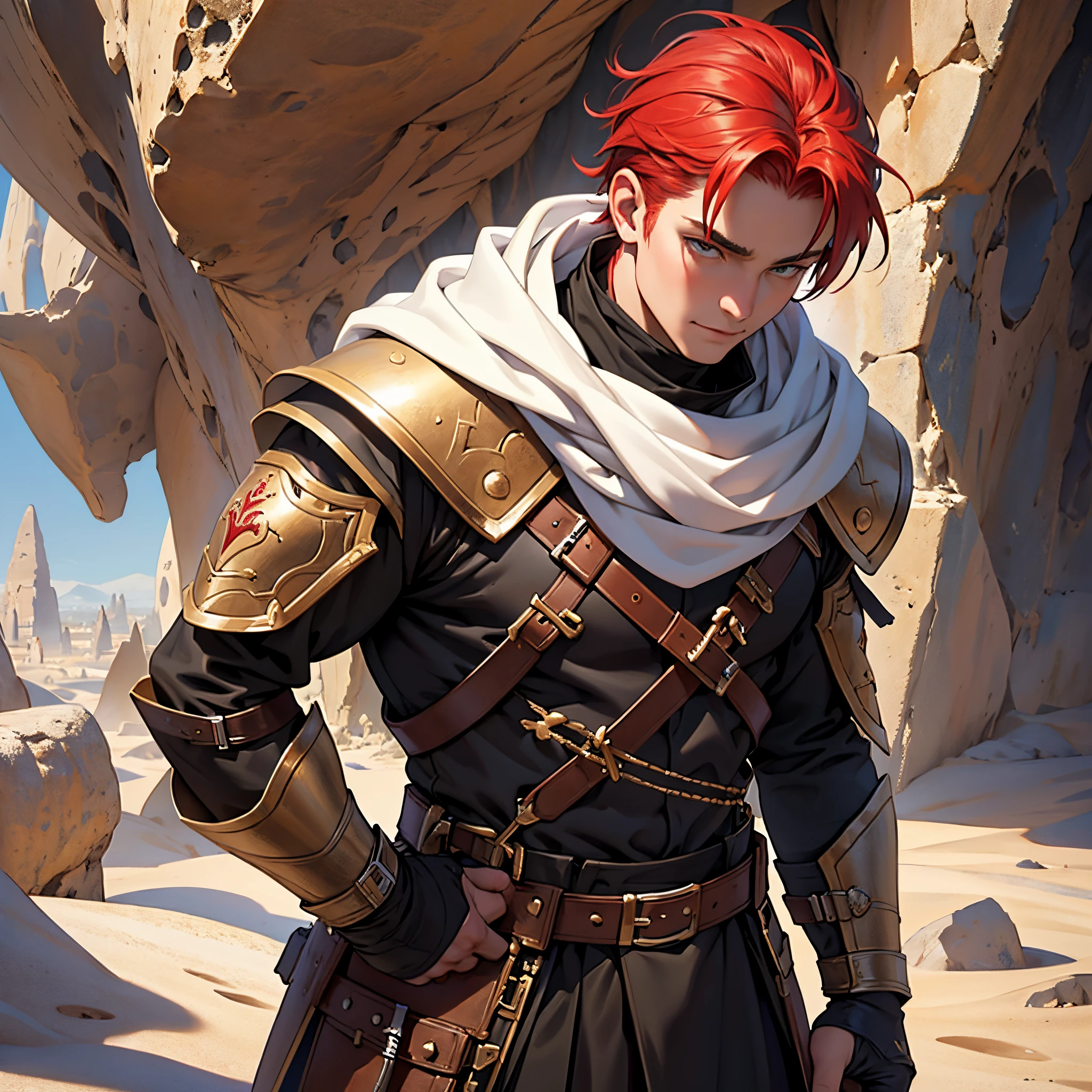 masterpiece, Best Quality, 4k, Very detailed, Close-up of a person, Background with:Medieval Cappadocia in the desert, Warrior wearing leather armor and white hijab, redhead bad boy