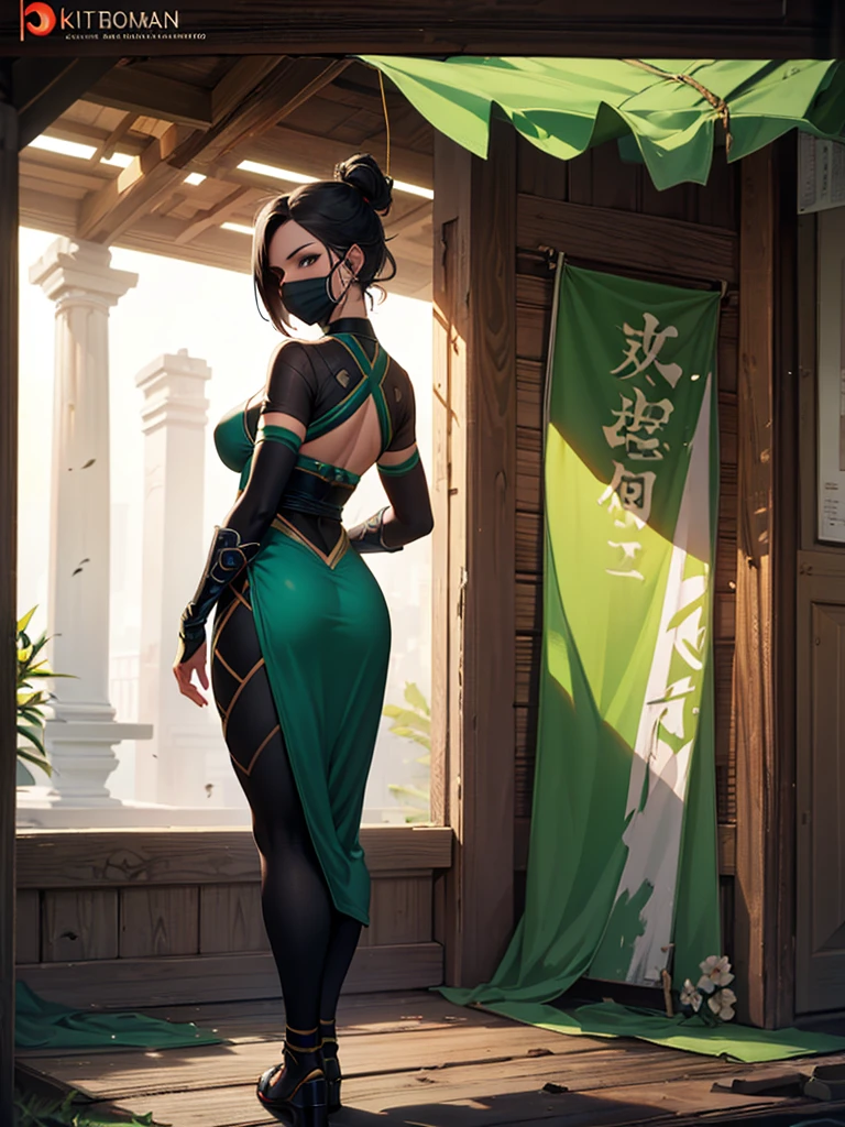 top-quality, Top image quality, ​masterpiece,  character sheet, Full body, full of details, multiple poses, highly detailed, depth, many parts, one girl, solo, Standing, backgroun ruin temple, Kitana ninja girl Outfit, Green ninja, Short hair, green cover mouth mask
