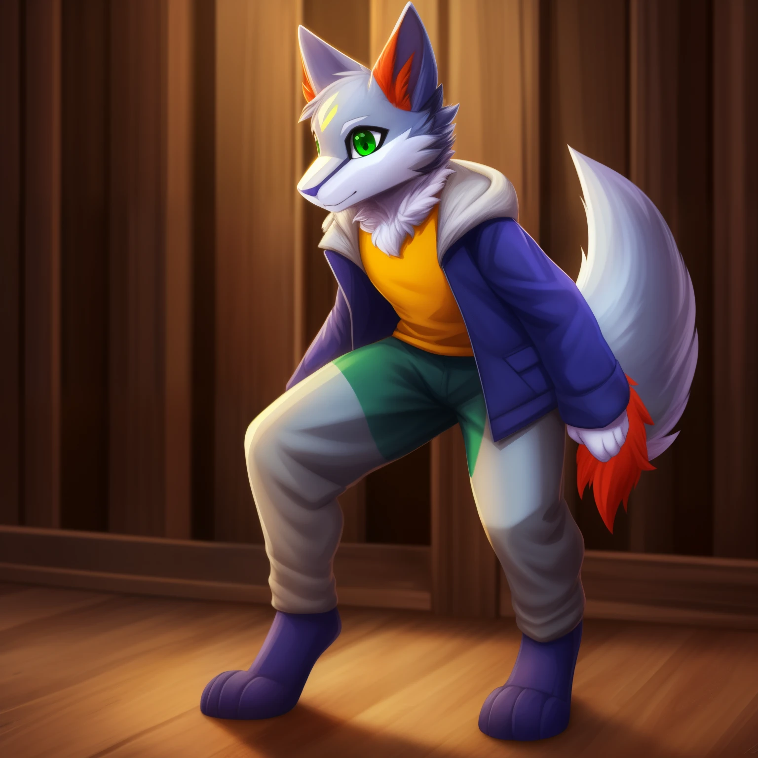Protogens, Silver fur and green eyes, soft coat, body detailed, Stand up