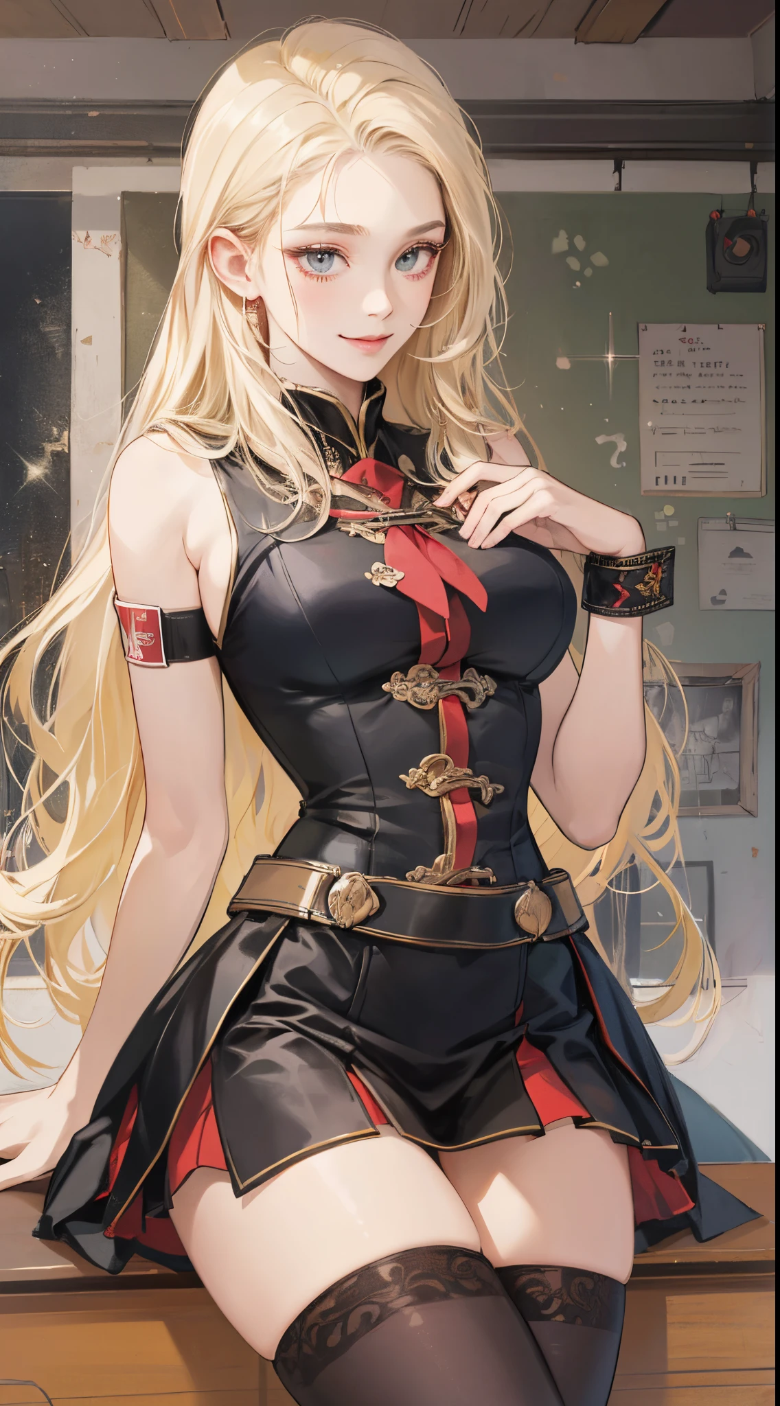 top-quality、realistic touch,high-detail、photoRealstic、High class、Long body、captive beauty、big eye、Strong platinum blonde eyelashes、platinum-blonde、full body Esbian、Sparkling eyes、Flushed cheeks、Kamimei、thin-waist、Voluptuous thighs、Enraptured look、Raked bangs、The forehead is protruding、sleeveless、a in uniform、The skirt is very short、No cleavage exposed、Inside a classroom、 armband、Thighhighs、grinning face、Squint and smile、Braiding hair、slender and delicate body、Thin legs with no fat、A young and unsexual body