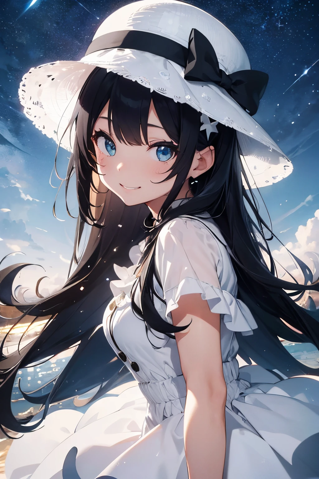 1girl, black hair, white inner hair, elegant outfit, night sky, delicate yet elegant dress, front view, smiling, near shore, stars glittering, white straw hat, ahoge, shiny hair, beret, snowflake hair ornament, raised eyebrows, aqua eyes, gradient eyes, grin, seductive smile, anime, anime style, drop shadow, silhouette, image fill, pov, first-person view, lens flare, Wide-Angle, masterpiece, best quality, high quality, high details, high quality, masterpiece