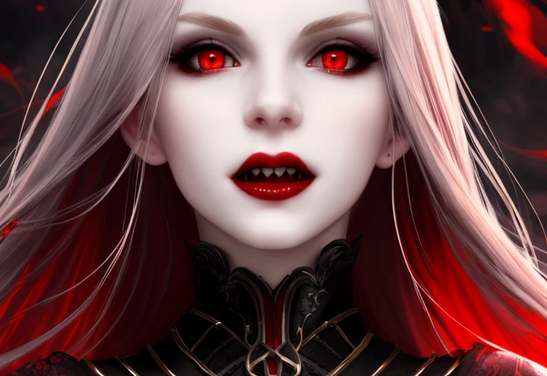 Vampire Girl, Dangerous beauty, pale skin, red fire in the eyes, Intimidating Smile, fangs, Looks intently, desire to possess, black, Blood-red, hiquality, Detailed study, tmasterpiece