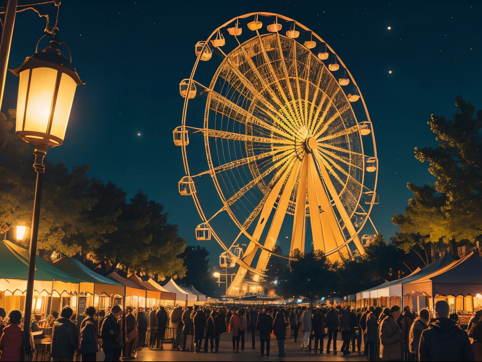 (masterpiece:1.2), (detailed:1.2), ferris wheel, night, tents, park, crowd, lanterns, lamps, banners