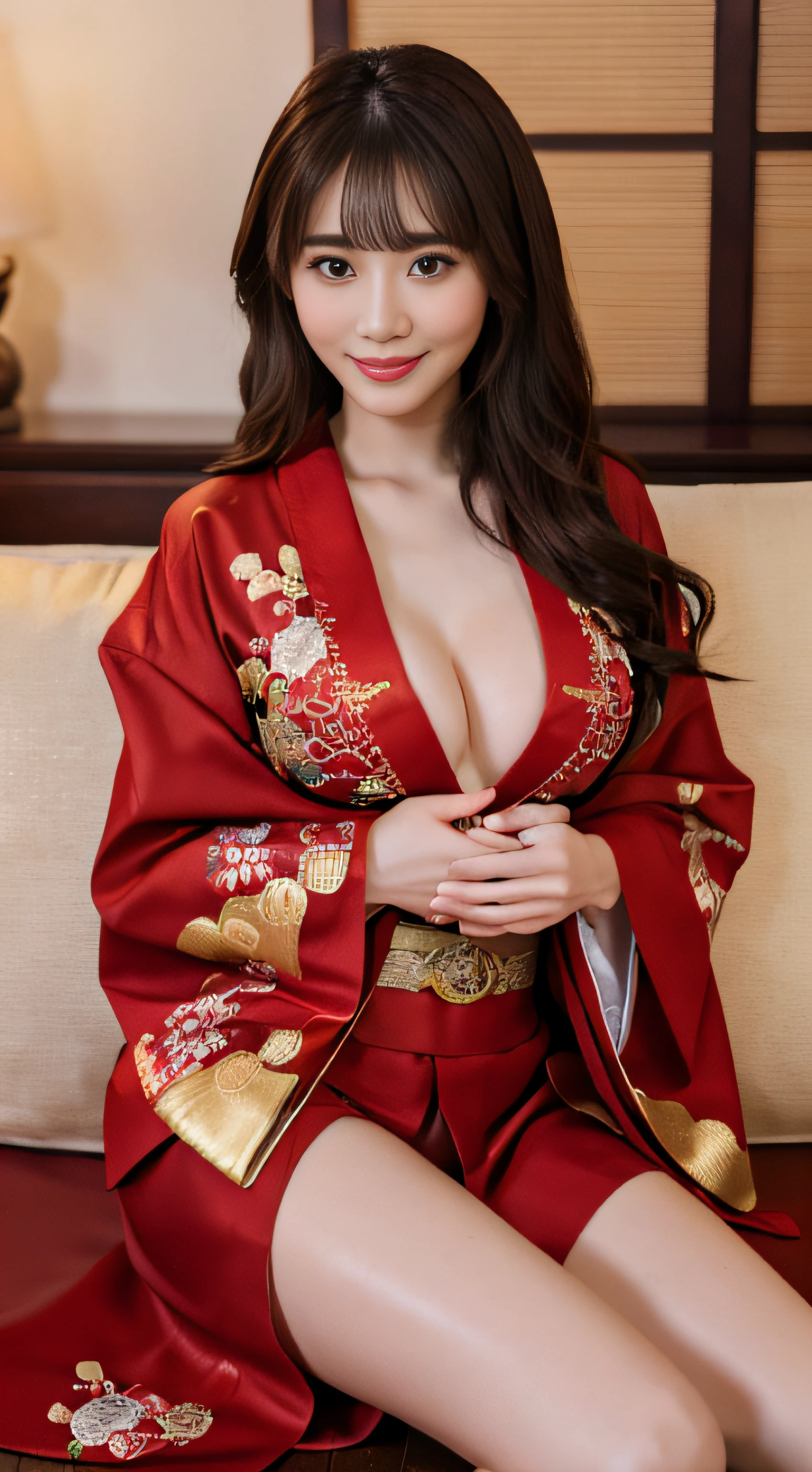 top-quality、Top image quality、masterpiece、fully body photo、25 years old women, governess、Dark brown wavy middle hair、bangss、((Red kimono、golden embroidery))、 ((no-bra、Puffy nipple、))、soft boob、breasts of medium size,、Kamimei、 cute smile face、laying on a couch、((Grasp your breasts with both hands over your clothes、Touching the crotch))