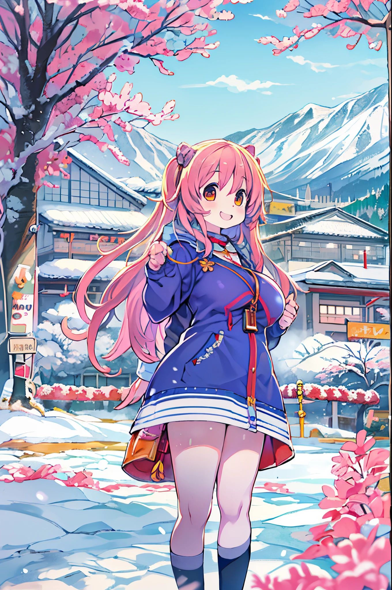 masutepiece、Anime character standing in the snow with mountains in the background, in style of kyoto animation, kyoto animation still, Anime Girls, Kyoto Animation, two beautiful anime girls, a-1 pictures, High School Girls, Happy!!!, kyoto animation key visual, Cute:2, Twin-tailed, anime movie background