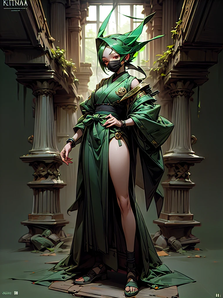top-quality, Top image quality, masterpiece, character sheet, Full body, full of details, multiple poses, highly detailed, depth, many parts, one girl, solo, Standing, backgroun ruin temple, Kitana ninja girl Outfit, Green ninja, Short hair, green cover mouth mask