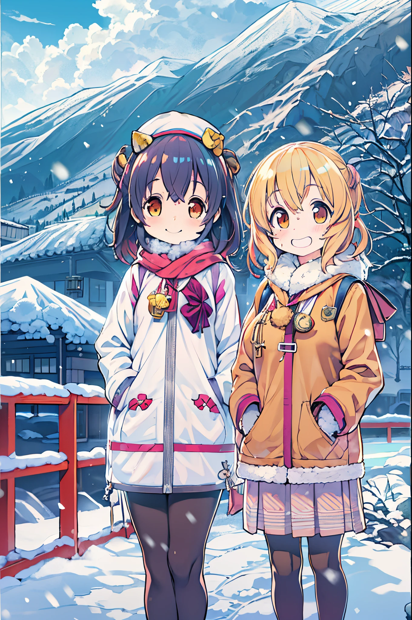masutepiece、Anime character standing in the snow with mountains in the background, in style of kyoto animation, kyoto animation still, Anime Girls, Kyoto Animation, two beautiful anime girls, a-1 pictures, High School Girls, Happy!!!, kyoto animation key visual, Cute:2, Twin-tailed, anime movie background