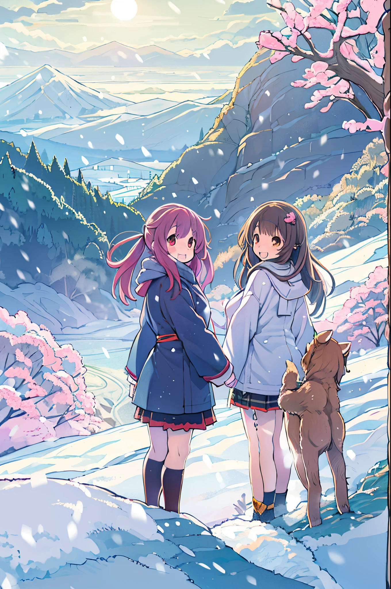 masutepiece、Anime character standing in the snow with mountains in the background, in style of kyoto animation, kyoto animation still, Anime Girls, Kyoto Animation, two beautiful anime girls, a-1 pictures, High School Girls, Happy!!!, kyoto animation key visual, Cute:2, Twin-tailed, anime movie background