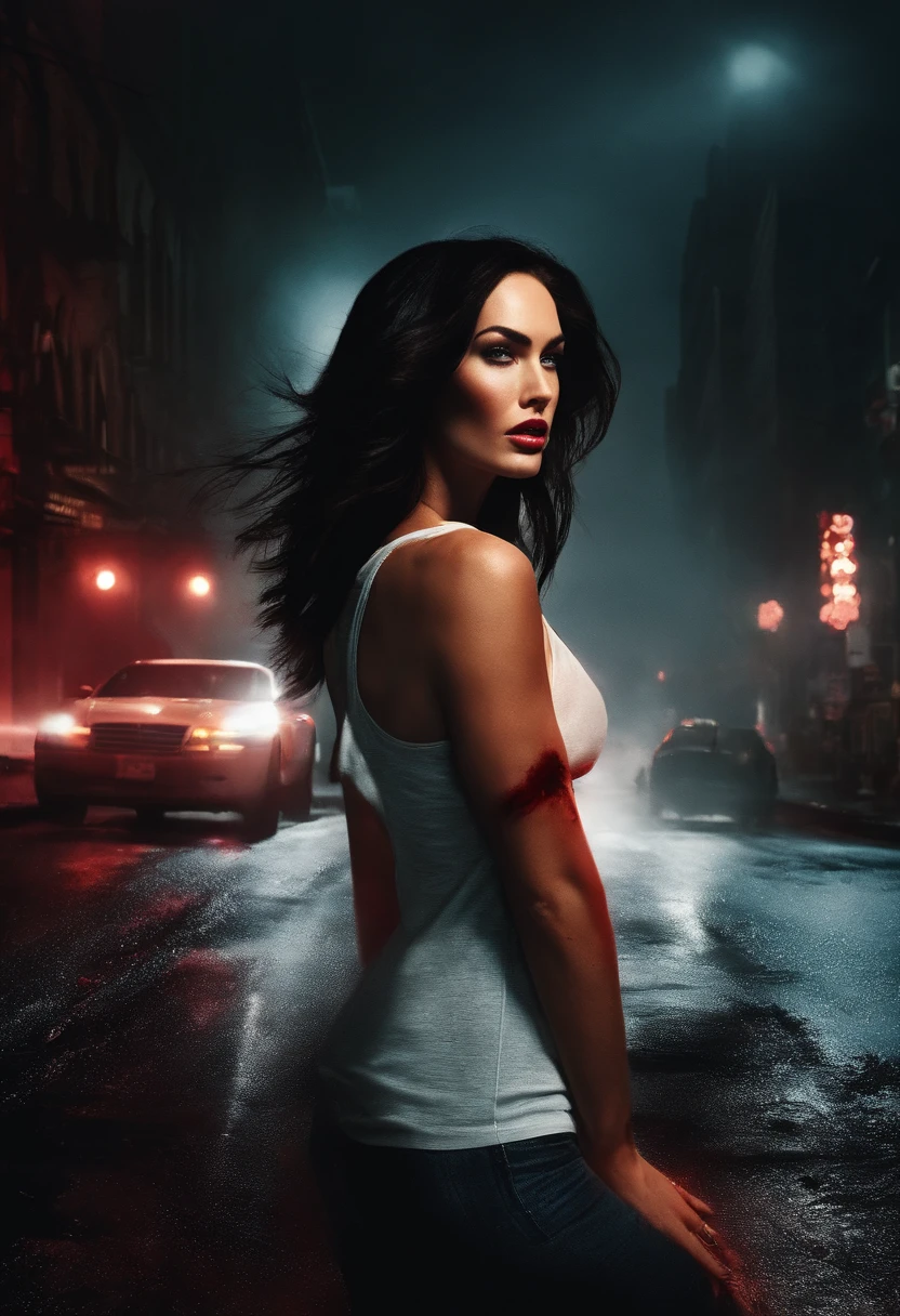 Megan Fox darkness In city streets , streets smog in smoke, Dark light, shadow of zombie people, red eyes, neon signs, dew, wet highway, wet grass, Megan Fox's wet skin, red moonlight, blood on the grass , cinematic, action, speed , light,  rain in New York, cyberpunk style, Megan Fox Jude Alvarez style, tattoos in hands and body in 16k  , retro style