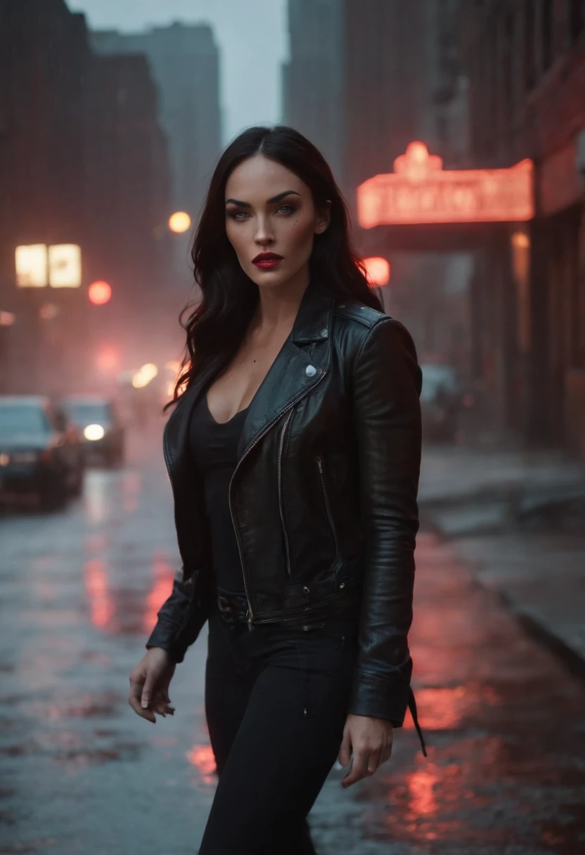 Megan Fox darkness In city streets , streets smog in smoke, Dark light, shadow of zombie people, red eyes, neon signs, dew, wet highway, wet grass, Megan Fox's wet skin, red moonlight, blood on the grass , cinematic, action, speed , light, rain in New York, cyberpunk style, Megan Fox Jude Alvarez style, tattoos in hands and body in 16k , retro style