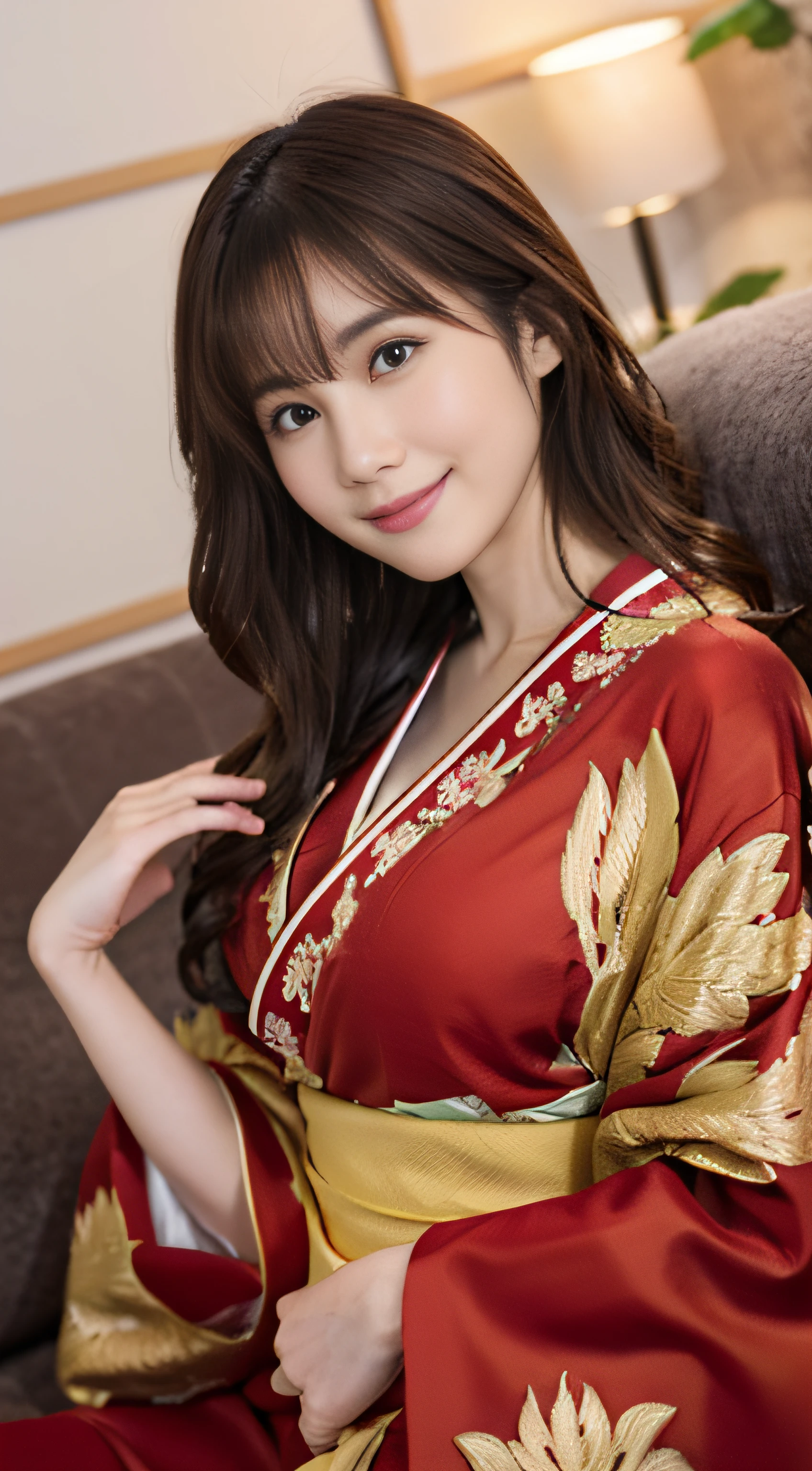top-quality、Top image quality、masterpiece、fully body photo、25 years old women, governess、Dark brown wavy middle hair、bangss、((Red kimono、golden embroidery))、 ((no-bra、Puffy nipple、))、soft boob、breasts of medium size,、Kamimei、 cute smile face、laying on a couch、((Grasp your breasts with both hands over your clothes、Touching the crotch))