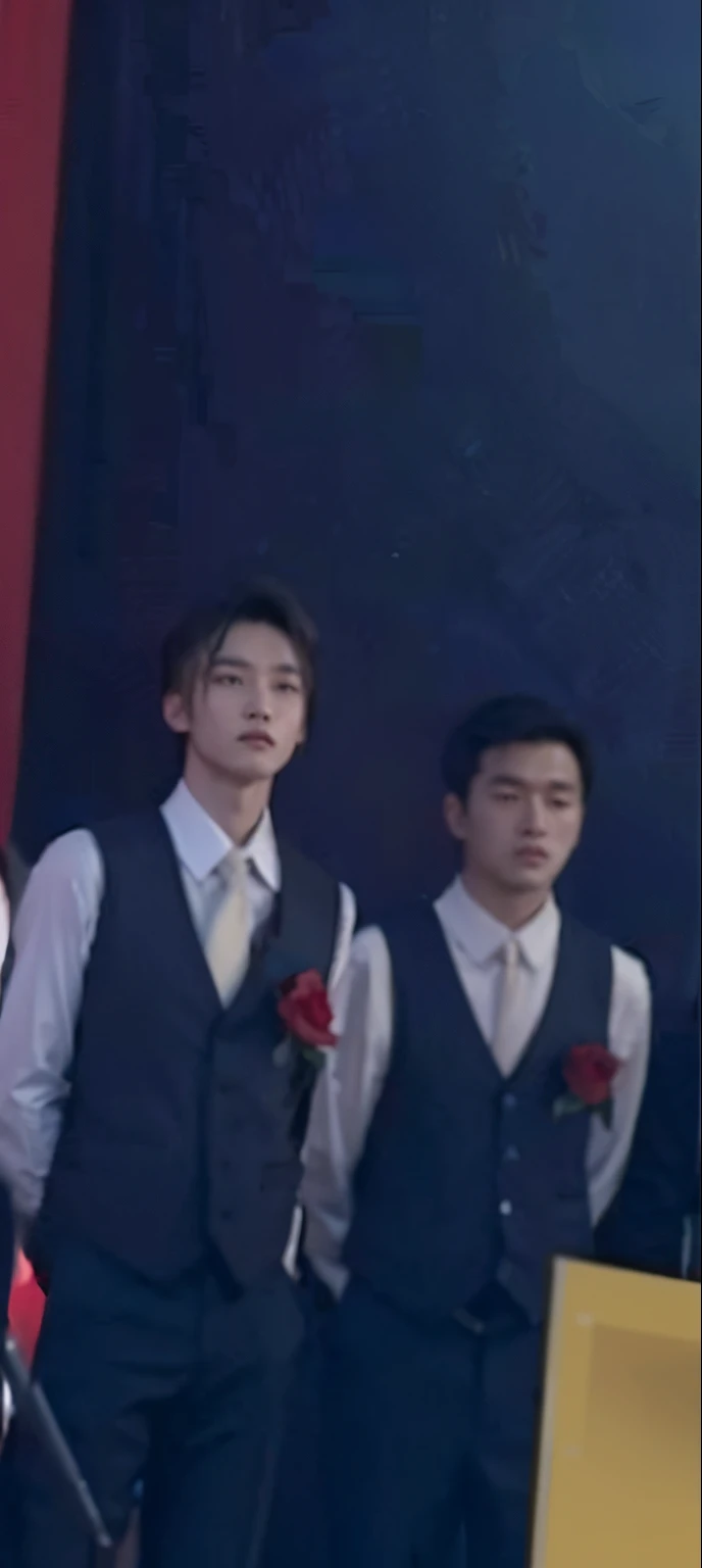 Several men in vests and ties stand in front of the stage, ruan jia and fenghua zhong, yiqiang and shurakrgt, Gold Mountain and Rose Tran, Taken in the early 2020s, ruan jia and brom, cai xukun, two young people, yanjun chengt, Granular ultra high quality, zezhou chen