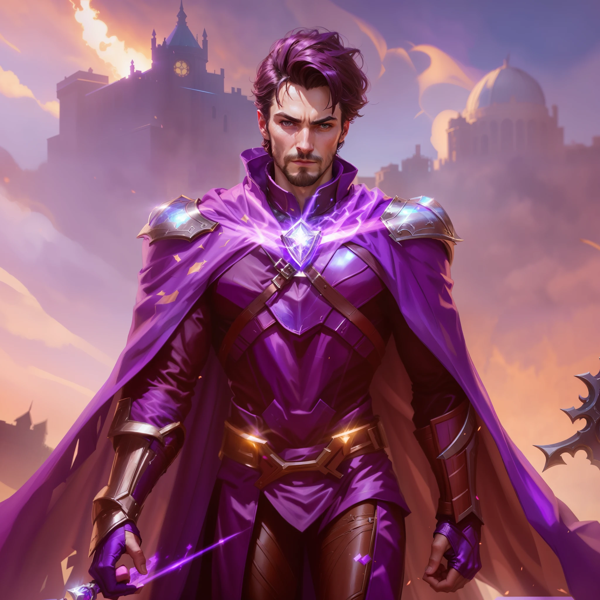 a close up of a man in a purple cape and a purple cape, tor from marvel, hero character art, wearing heavy armor with cape, arsen lupin as a paladin, doctor strange, amazing 8k character concept art, style of raymond swanland, picture of a male cleric, dr strange, heroic fantasy character concept, shadowverse character concept