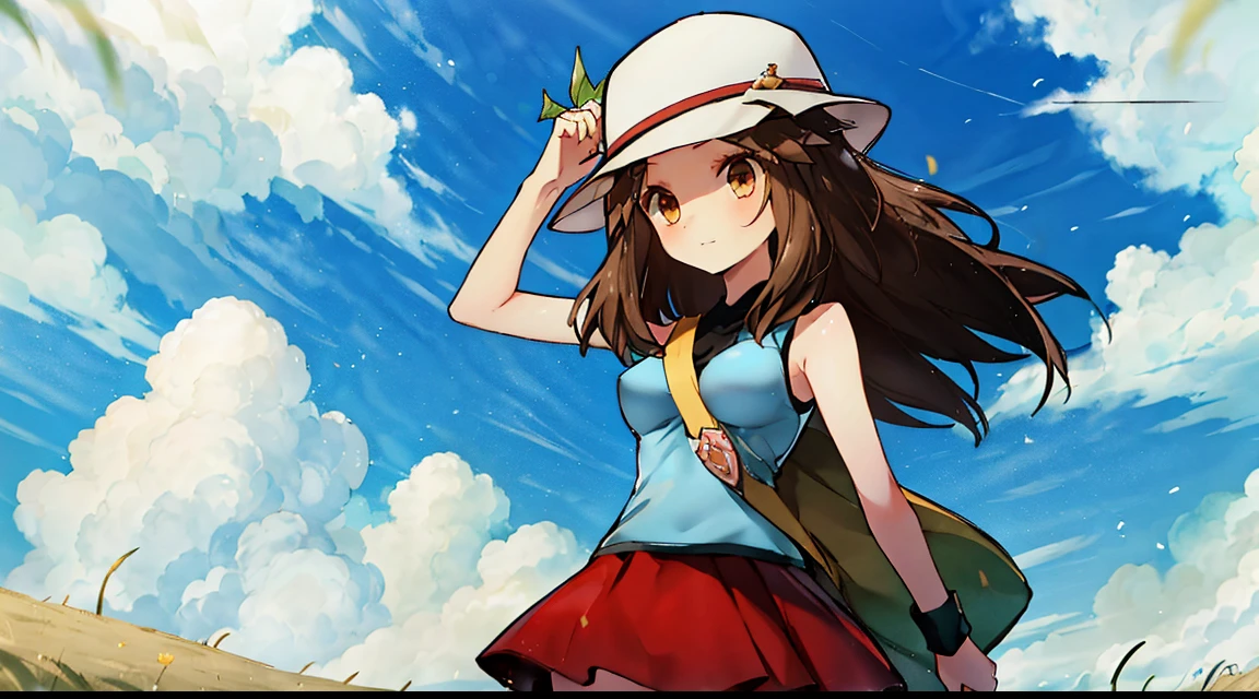 Hats、{{爆乳}}、{{Gigantic bust}}、Long、Brown hair、sleeveless、a miniskirt、grass field、Looking up、is standing、Shoulder back、top-quality、The wind is blowing、Hair flutters、the reef、Paisla