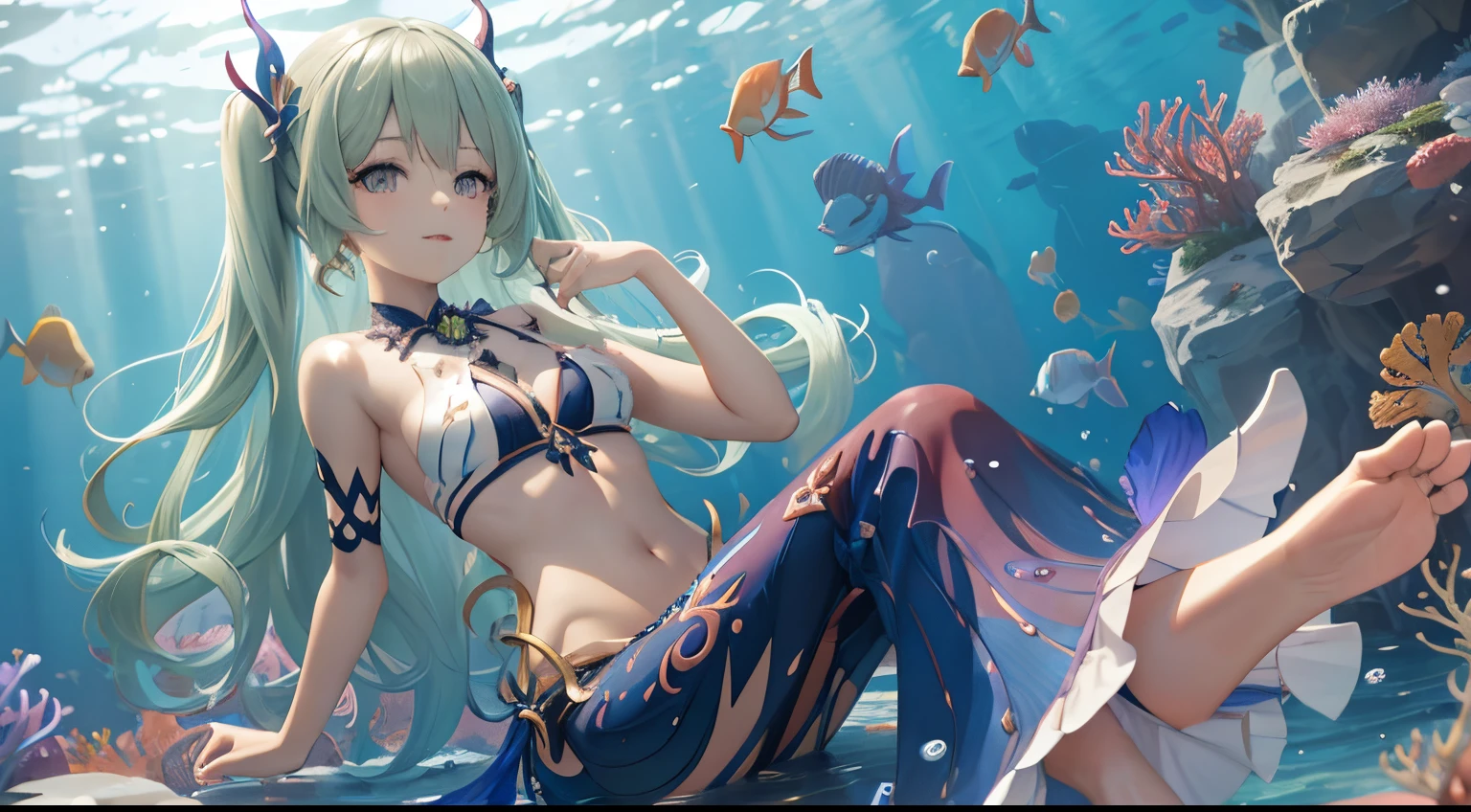 mobius (daughter of corals) (honkai impact), mobius (honkai impact), honkai (series), honkai impact 3rd, yelan xing xuan, 1girl, bangs, bare shoulders, barefoot, bikini, breasts, cleavage, coral reef, fish, full body, green eyes, green hair, jellyfish, long hair, navel, open mouth, solo, swimsuit, toes, twintails, underwater, water