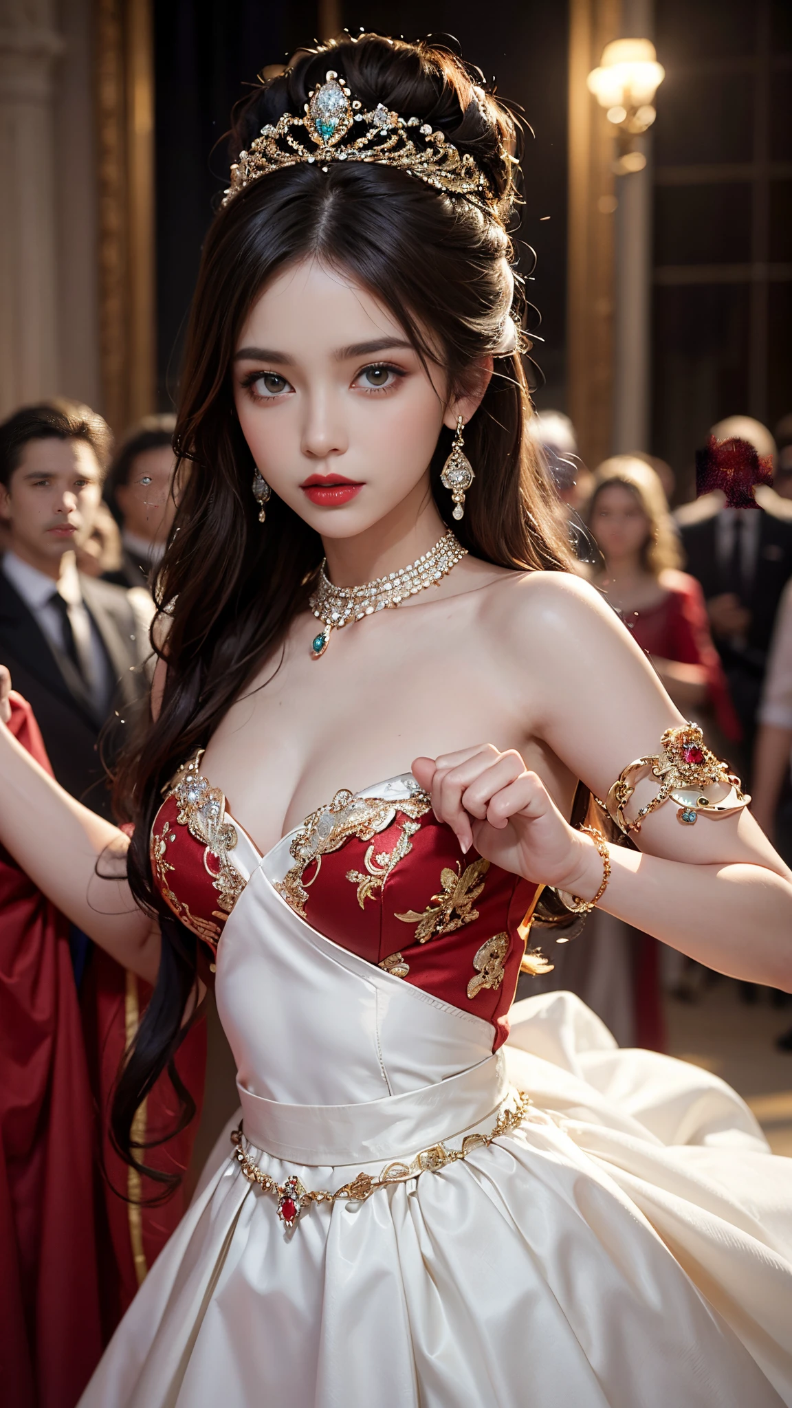 8K ultra hd, masterpiece, best quality, a beautiful girl, long hair, impressive hairstyle, royal hair jewelry, pretty cute face, flawless face, jewellery earrings, antique jewellery, details eyes, beautiful eyes, meticulous makeup, thin eyebrows, beautiful red lips, medium breasts, royal dress, red dress, light white laces, ralistic colors, magic effect, night background, look directly at the audience, dancing poses,