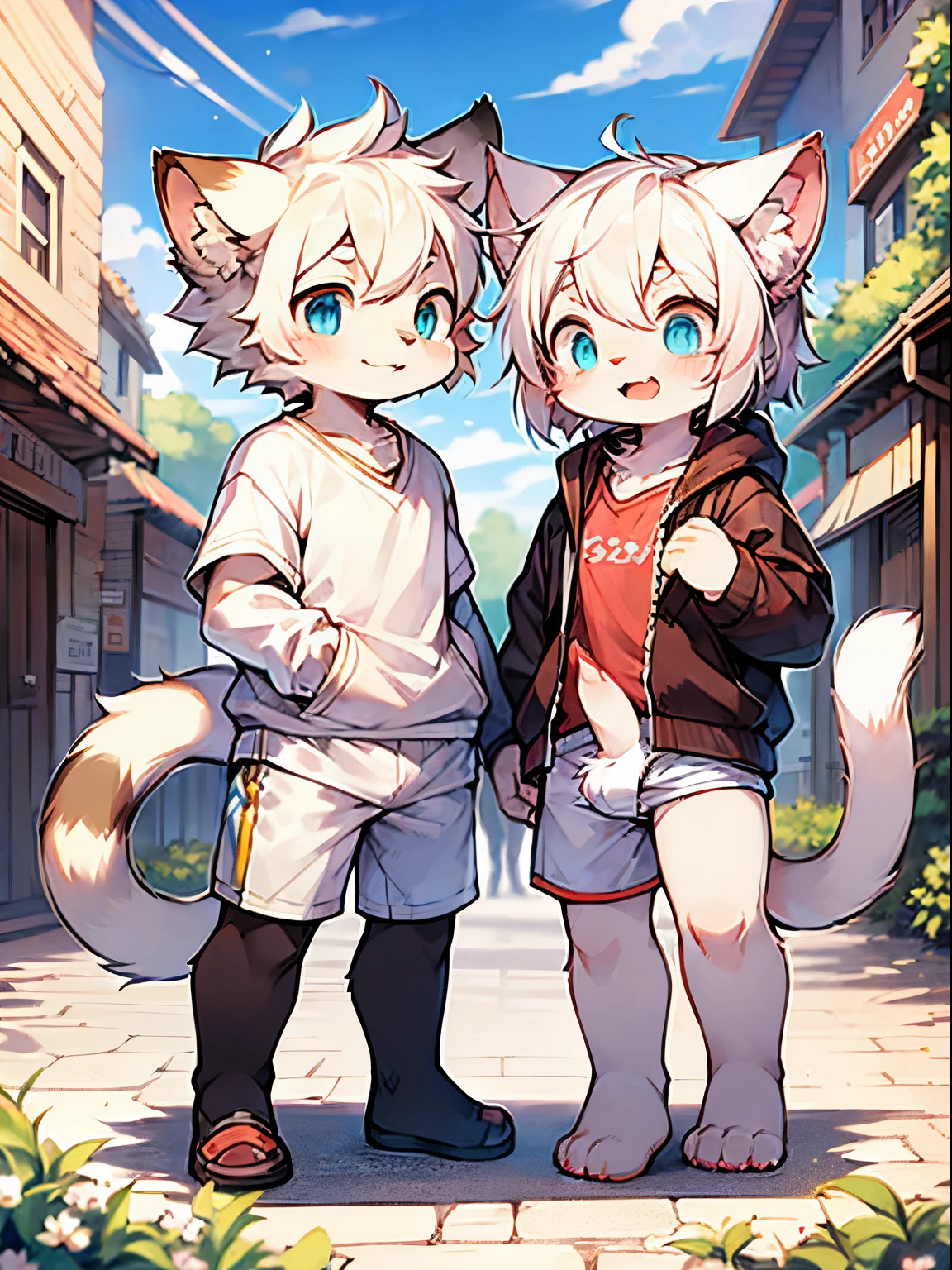 tmasterpiece,high high quality,digitial painting\(An artwork of\), dagasi street, Sam,Kiyosan,(human character,Fluffy fur,Character focus:1.1),anthro male cat,Short hair details,sporty attire , The eyes are bright, in a panoramic view, Character focus.(detailedbackground:0.7), 独奏, shaggy, shaggy male, malefocus, Flower charcoal,(Full Body Furry, furry tail, White fur, ice-blue-eyes, White hair:1.2), (felid,student clothes,White boxer panties:1.2) two guys,Two people have erections in their crotches