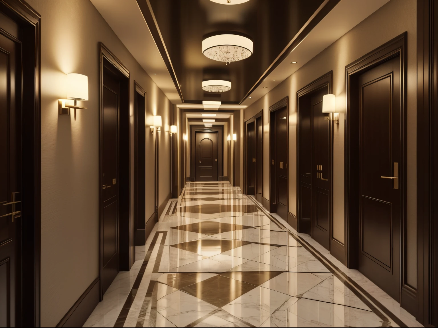 Scene of a corridor leading to rooms in a modern, luxury hotel, a noite. (Imagem ultra-realista, alta qualidade, objetos perfeitos, 8k)
