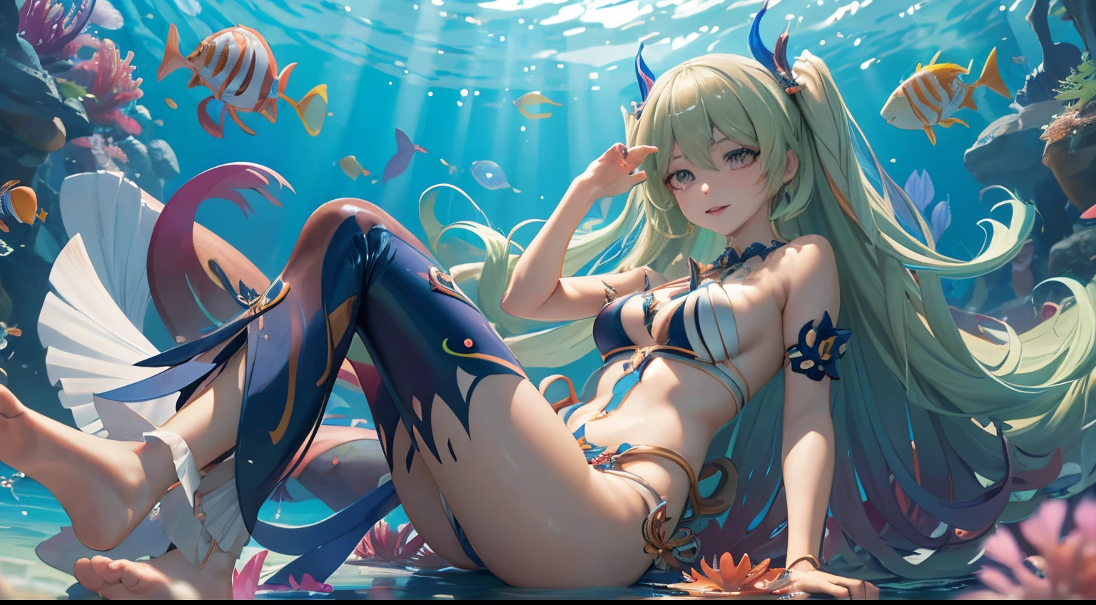 mobius (daughter of corals) (honkai impact), mobius (honkai impact), honkai (series), honkai impact 3rd, yelan xing xuan, 1girl, bangs, bare shoulders, barefoot, bikini, breasts, cleavage, coral reef, fish, full body, green eyes, green hair, jellyfish, long hair, navel, open mouth, solo, swimsuit, toes, twintails, underwater, water