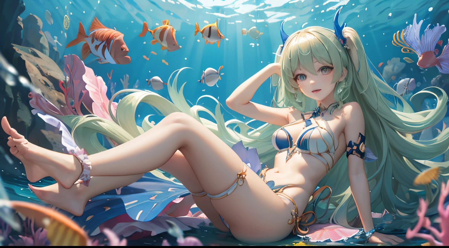 mobius (daughter of corals) (honkai impact), mobius (honkai impact), honkai (series), honkai impact 3rd, yelan xing xuan, 1girl, bangs, bare shoulders, barefoot, bikini, , cleavag reef, fish, full body, green eyes, green hair, jellyfish, long hair, navel, open mouth, solo, swimsuit, toes, twintails, underwater, water