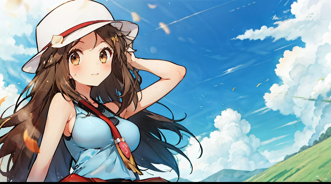 Hats、{{爆乳}}、{{Gigantic bust}}、Long、Brown hair、sleeveless、a miniskirt、grass field、Looking up、is standing、Shoulder back、top-quality、The wind is blowing、Hair flutters、the reef、Paisla