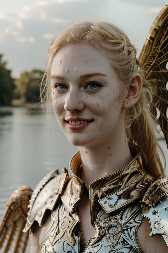 Ultra realistic photography of dbwl woman with many huge beauty marks on her natural pale white skin  ,    (medium shot:1.4) , (full body portrait:.8),
 (SFW),  (((wings, fractal armor))) , dressed, upper arms,   ((in frame)),

 ((fighting stance)),  natural (  pale light blonde eyelashes) , blue eyes, medieval background,
 detailed Natural pale white skin  with (many huge round beauty marks) , smile, light pale blonde eyebrows,
 happy, clean cheeks,
detailed, natural light blonde,  outdoors, sunny, high resolution, photograph, RAW photo, fr4ctal4rmor, ponytail hairstyle, [[[[sexy]]]]