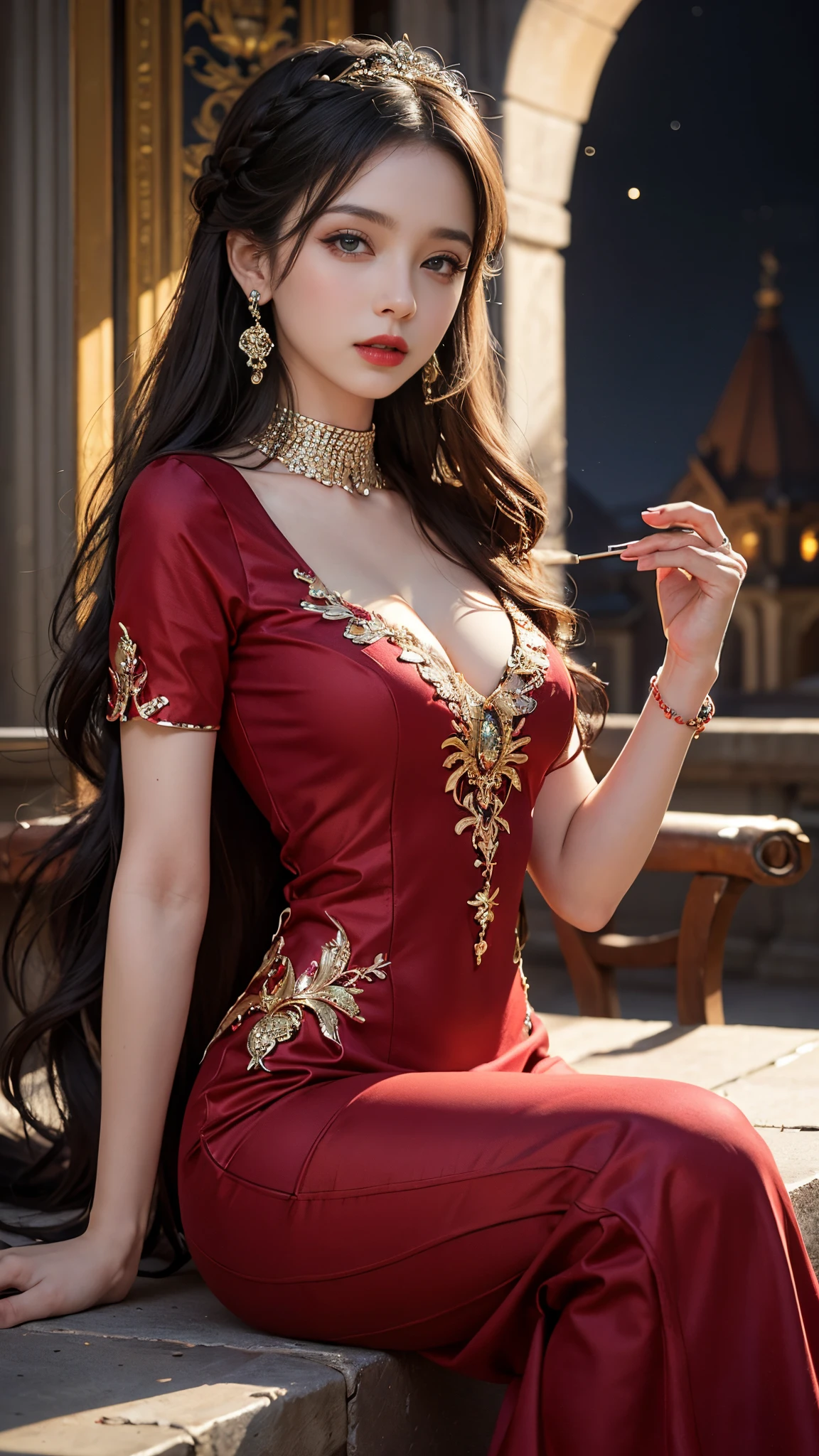 8K ultra hd, masterpiece, best quality, a beautiful girl, long hair, impressive hairstyle, royal hair jewelry, pretty cute face, flawless face, jewellery earrings, antique jewellery, details eyes, beautiful eyes, meticulous makeup, thin eyebrows, beautiful red lips, medium breasts, royal dress, red dress, laces, ralistic colors, magic effect, night background, look directly at the audience, sitting poses,